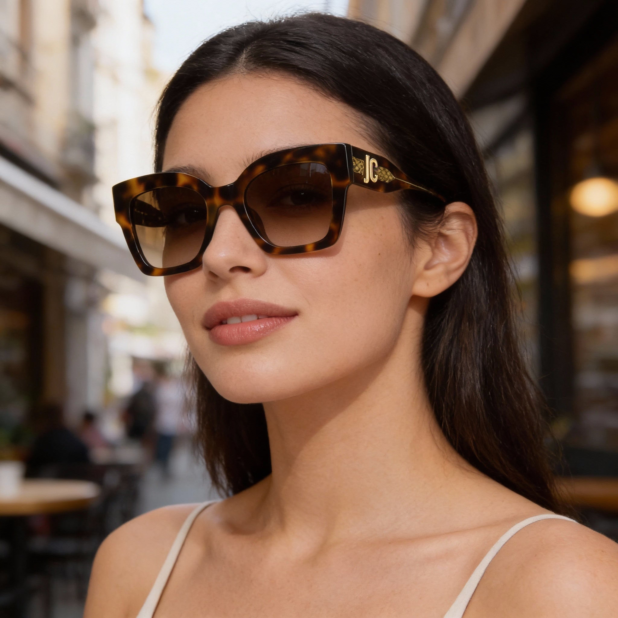 Gafas de sol cuadradas/rectangulares para mujer Just Cavalli con protección UV, montura marrón habana, lentes azul habana de primera calidad, 52 mm, Photo 5