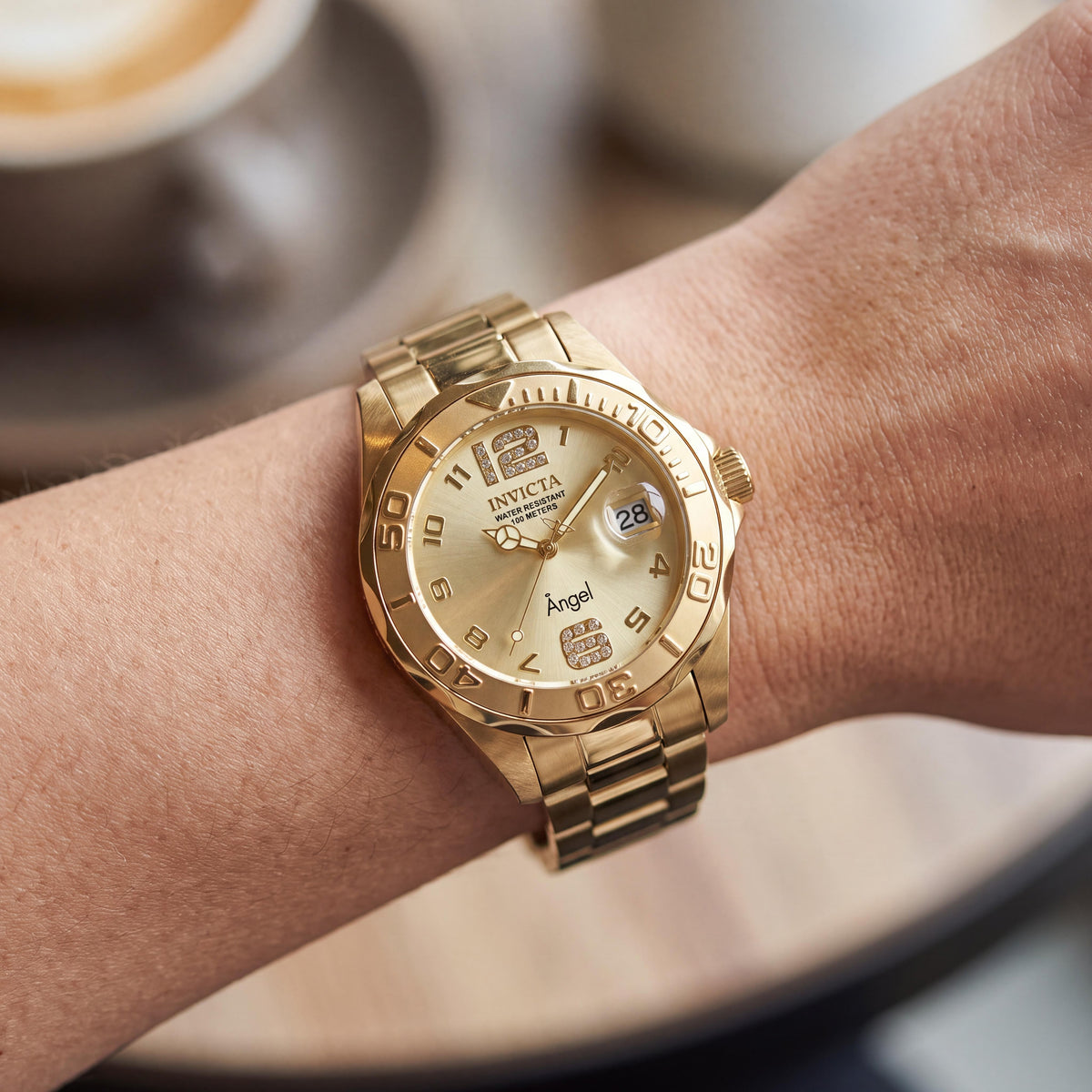Invicta Women's Gold Tone Stainless Steel Quartz Watch, 38mm, Crystal Accents, Glow In The Dark, 100M Water Resistant, Photo 4