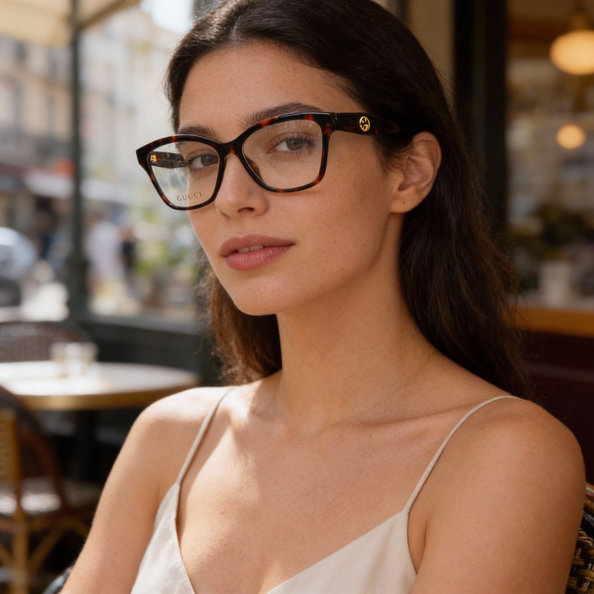 Gucci Women's Havana Acetate Cat Eye Full Rim Eyeglasses with Clear Customisable Lenses, 55mm Lens Width, Photo 6