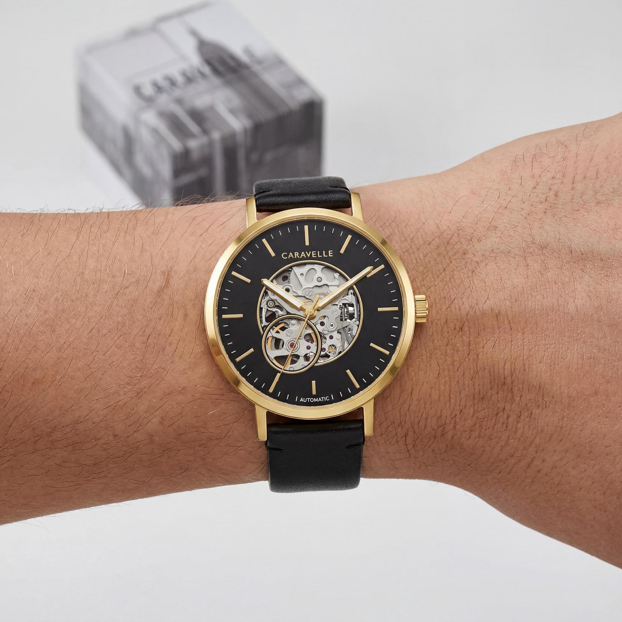 Caravelle Men's Classic Dress Gold-Tone Stainless Steel Automatic Skeleton Watch with Black Leather Strap, Photo 3