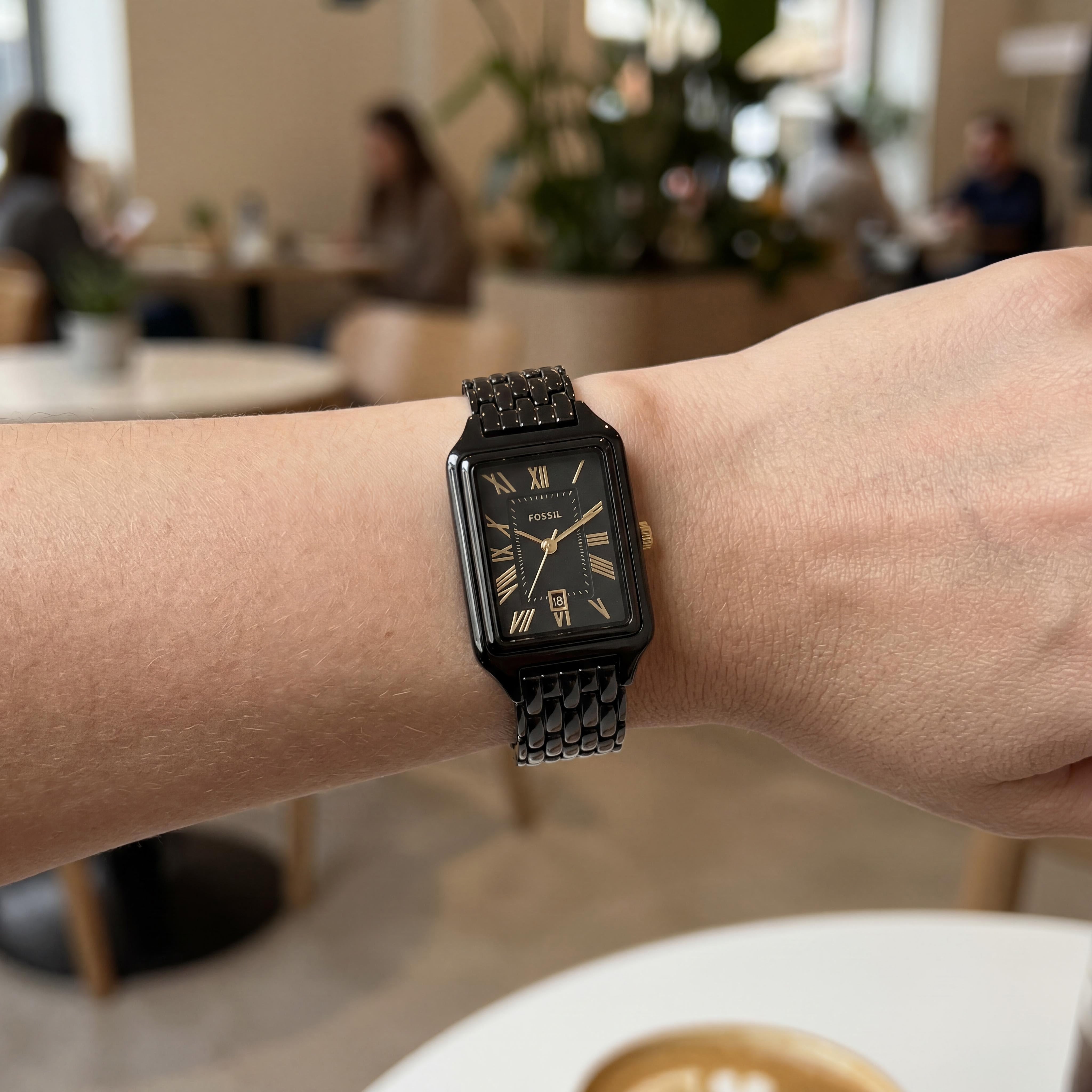 Fossil Raquel ES4317 Women's Rectangular Watch with Polished Black Stainless Steel Seven-Link Bracelet, 23mm Case, Photo 4