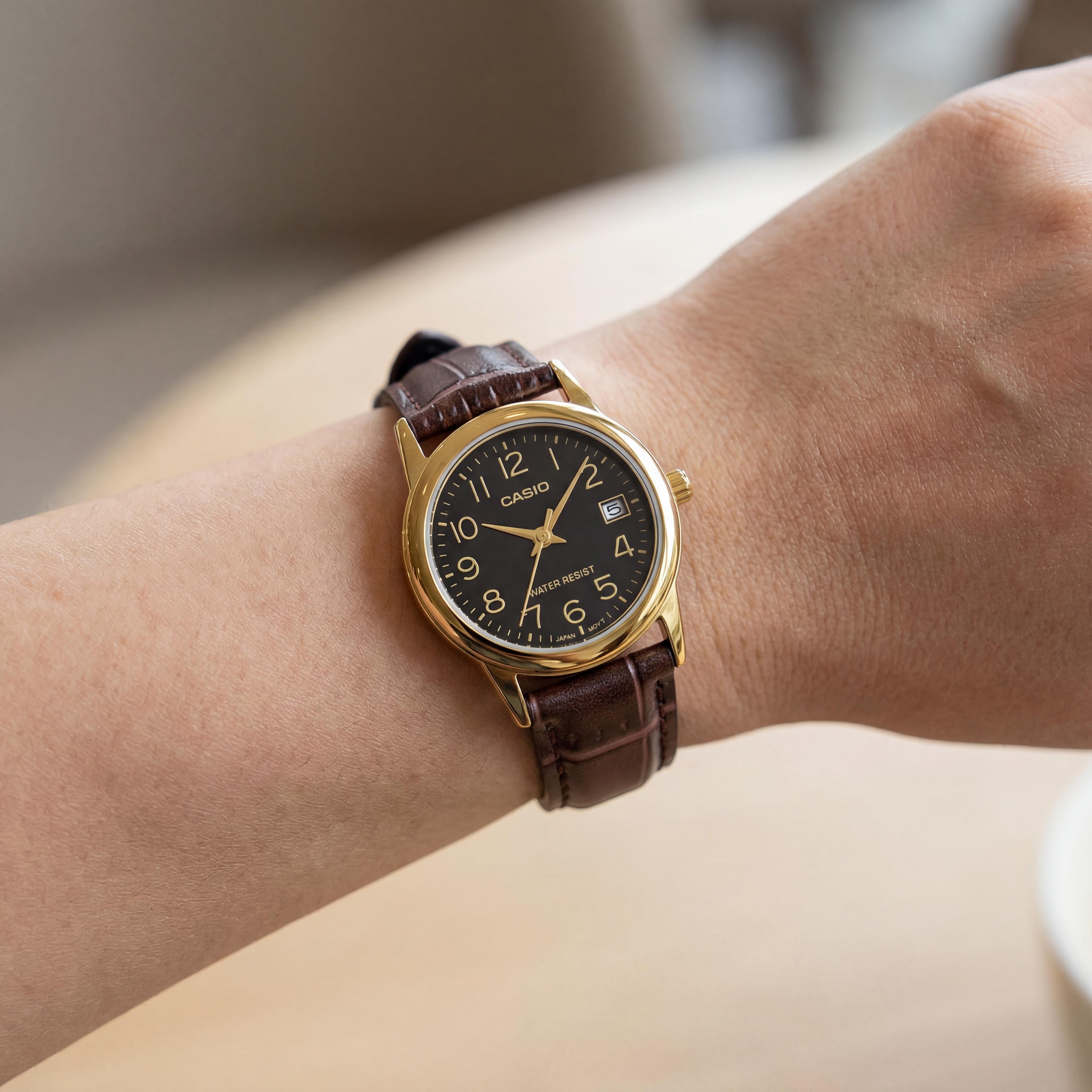 Casio LTP-V002GL 1BUDF Quartz Movement Women's Japan 3-Hand Analog Water Resistant Brown Black Gold Case Black Dial 31mm Watch, Photo 4