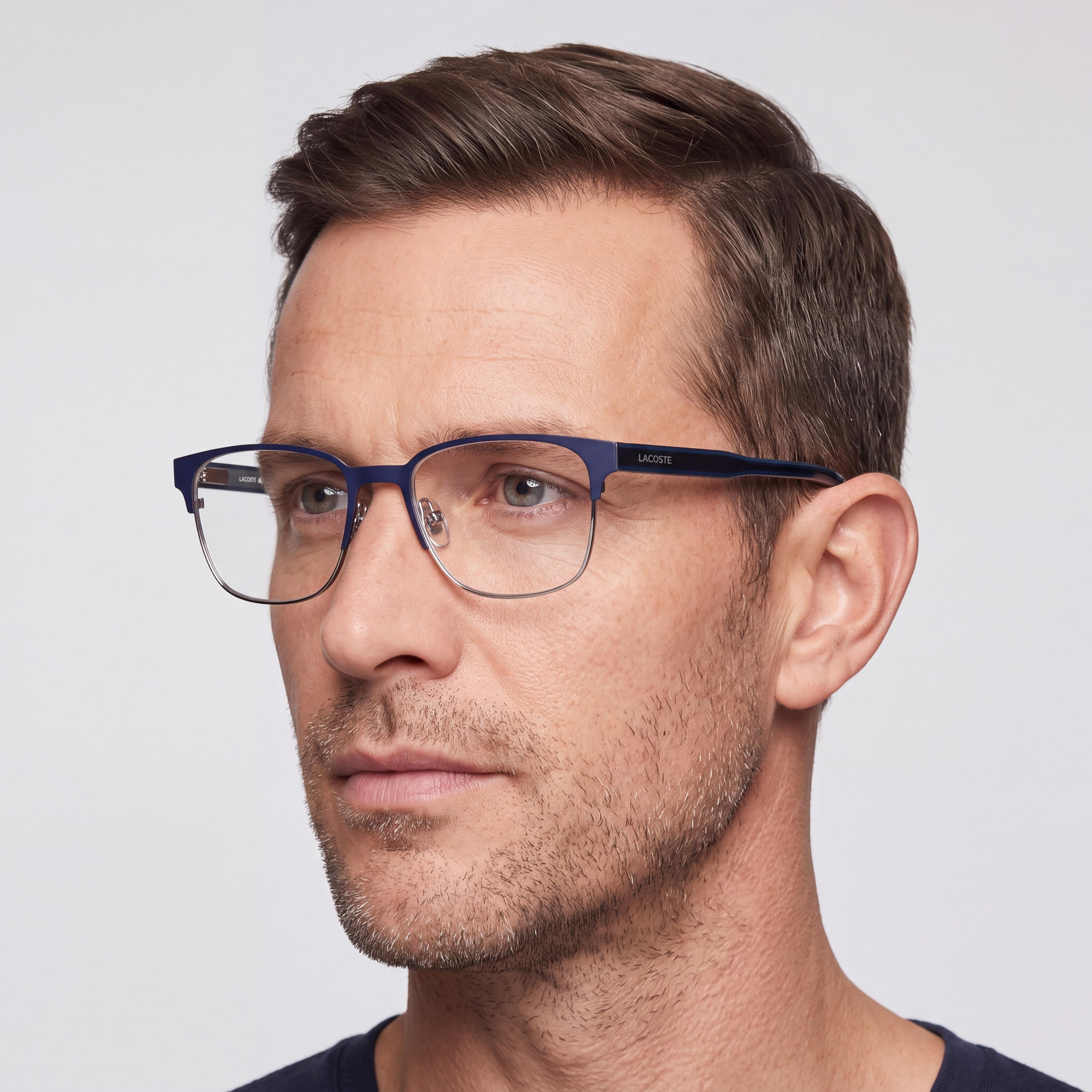 Lacoste Casual Men's Optical Eyeglasses with Matte Blue Frame and Transparent Plastic Lenses, Size 53-18-145, Photo 3