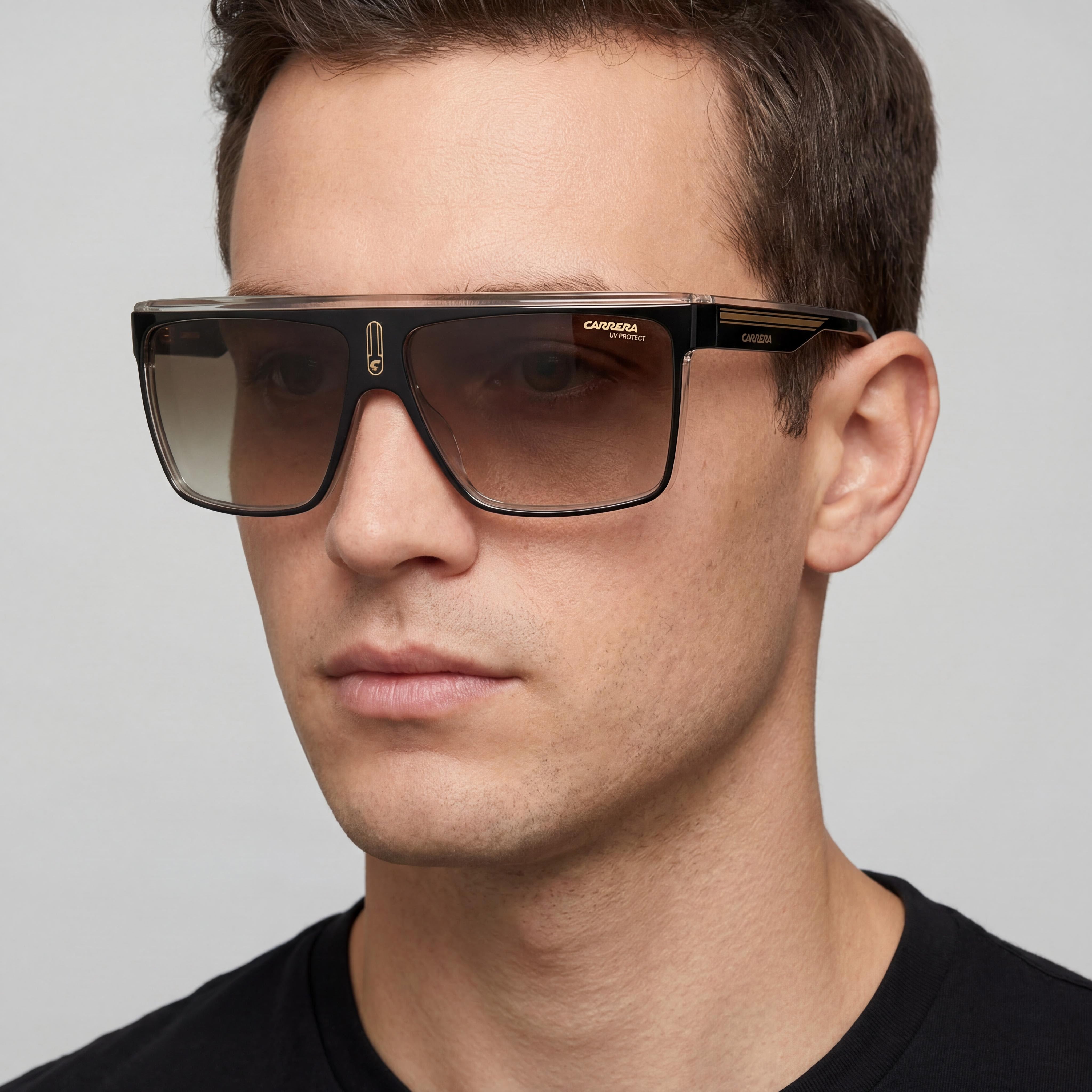 Gafas de sol Carrera 22/N para hombre, montura de poliamida con degradado marrón, protección UV, 63 mm, color negro, dorado y marrón, Photo 4