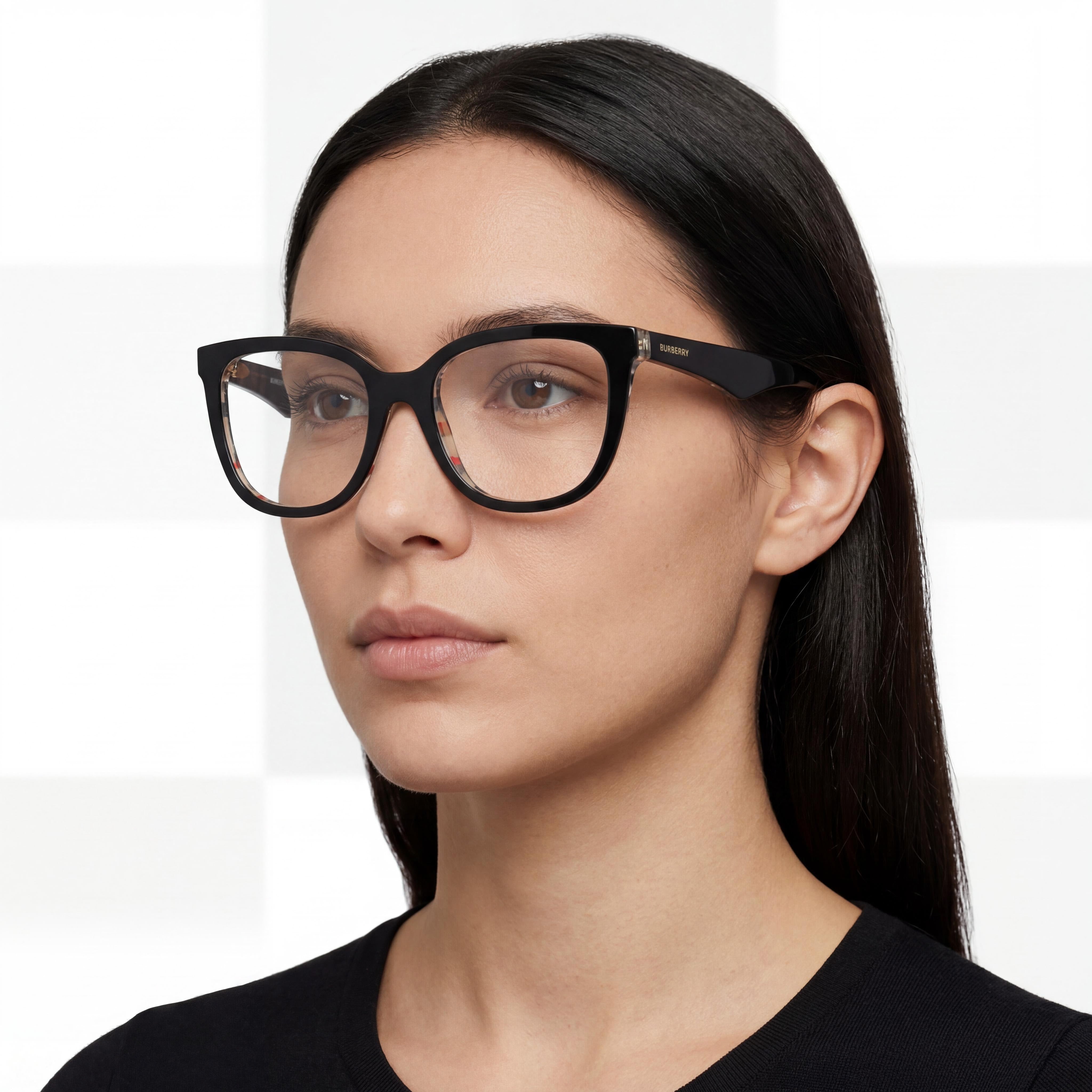 BURBERRY Classic Black Frame Unisex Acetate Eyewear, Clear Polycarbonate Lenses, 53mm Lens Width, Photo 4