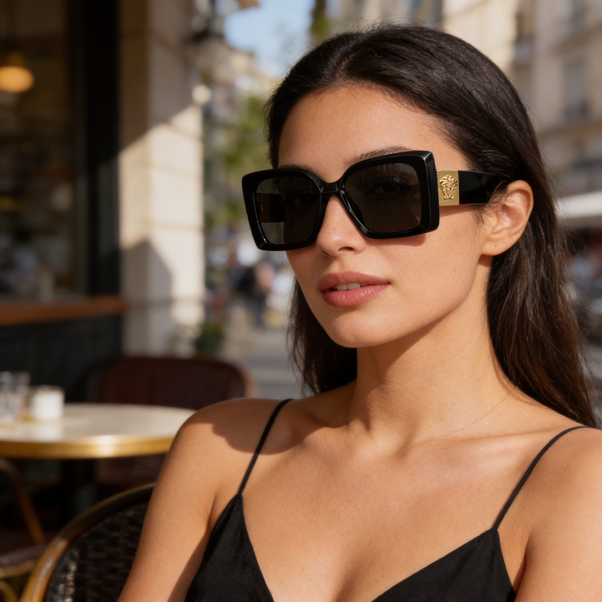 Versace Contemporary Women's Black Grey Plastic Frame Sunglasses with Dark Grey Lenses, UV Protection, 54mm Lens Width, Photo 5