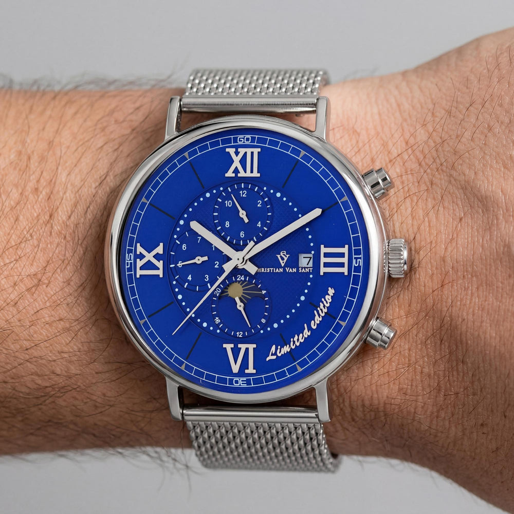 Christian Van Sant Men's Stainless Steel Automatic Blue Dial Mesh Bracelet Watch Water Resistant
