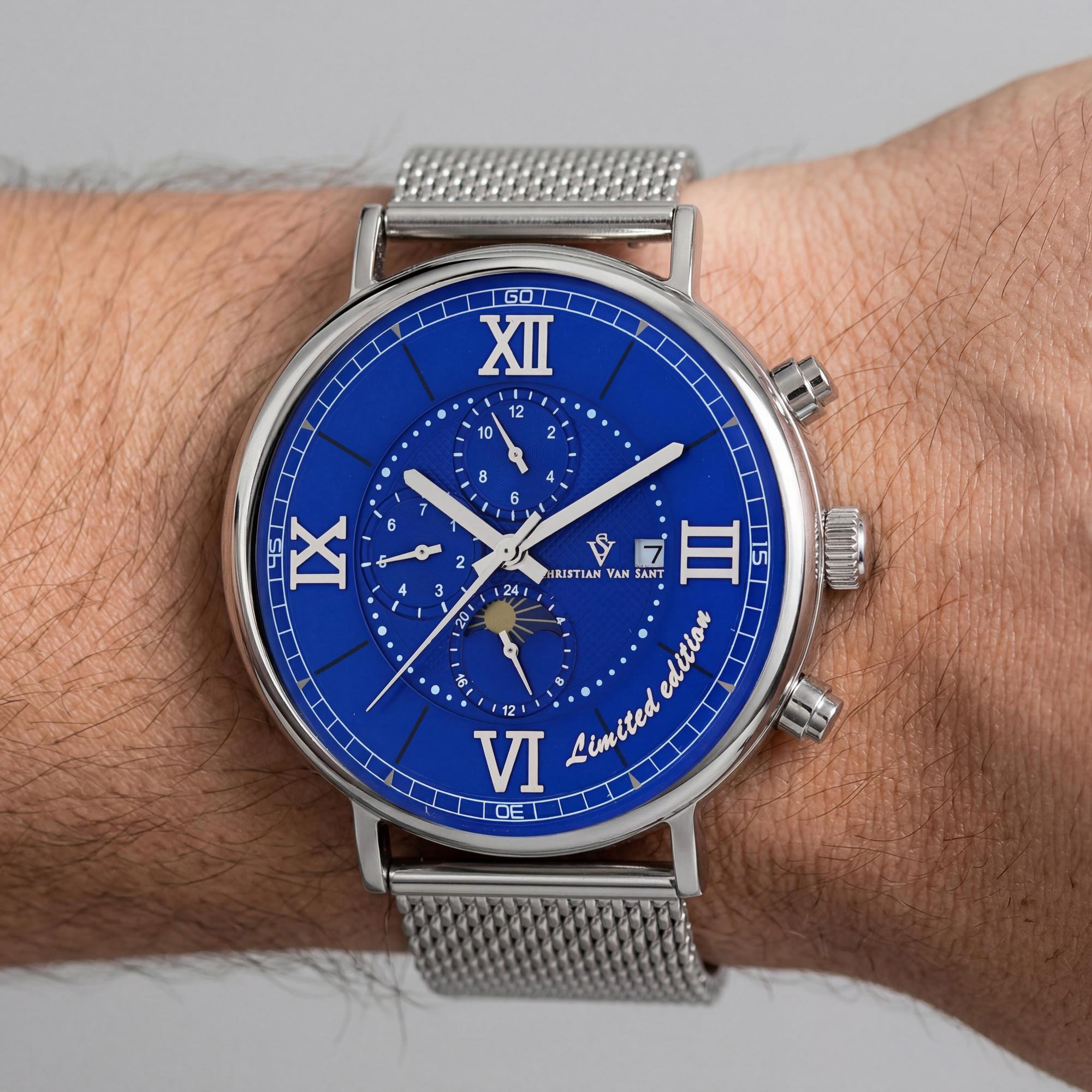 Reloj automático Christian Van Sant de acero inoxidable con esfera azul y pulsera de malla para hombre, resistente al agua., Photo 3