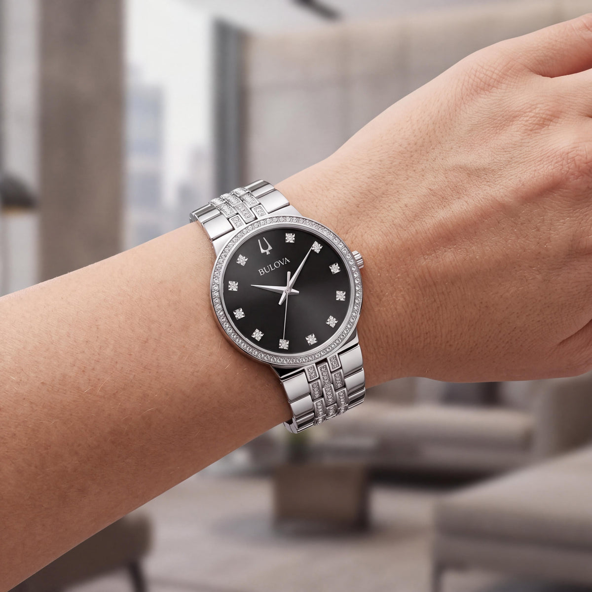 Bulova Women's Modern Black Necklace Watch featuring 175 Total Crystals, Quartz Movement, and Water Resistance, Photo 4