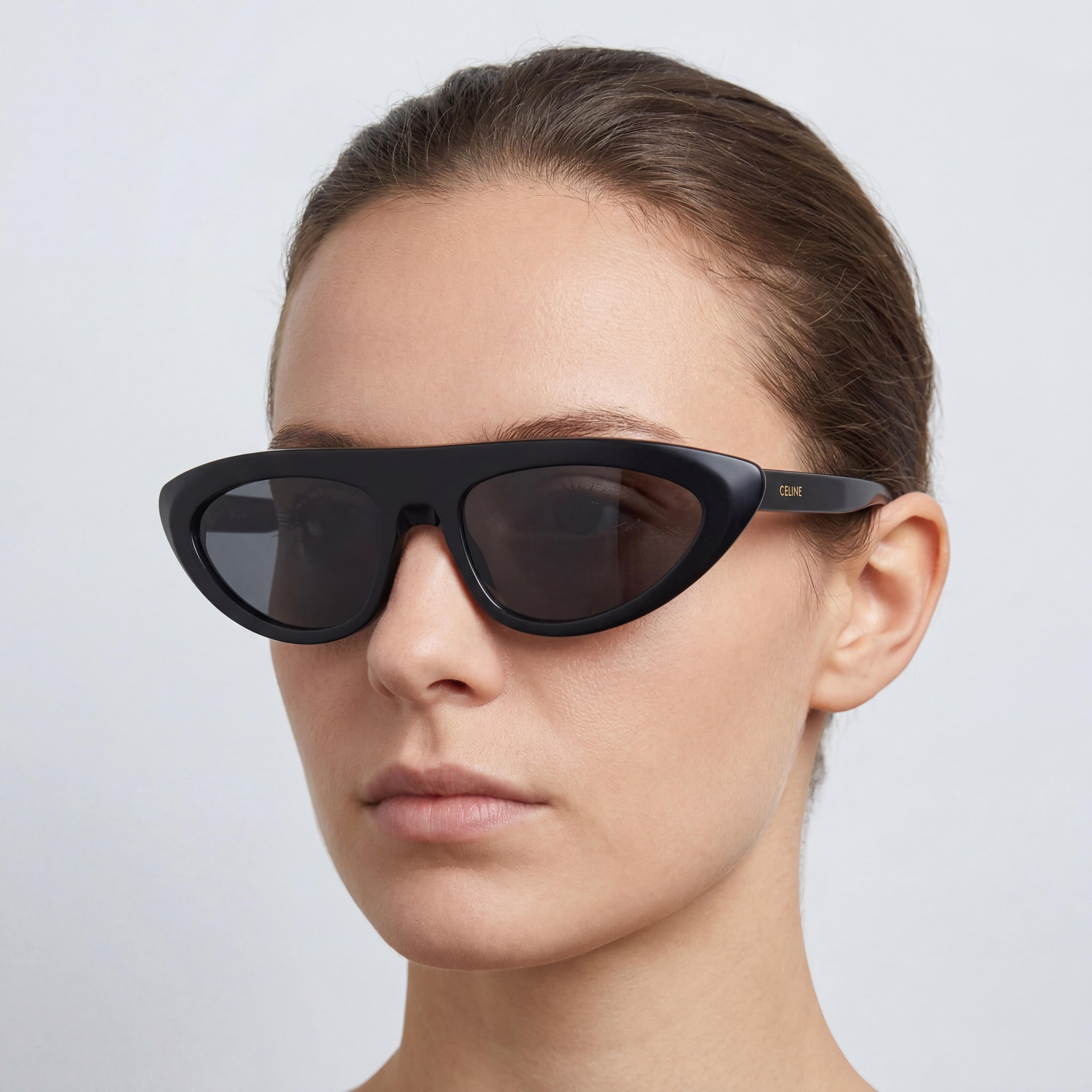 Celine CL40261I Unisex Irregular Shape Black Shiny Acetate Frame with Blue Polyamide Lenses, High Bridge Fit Eyewear, Photo 3