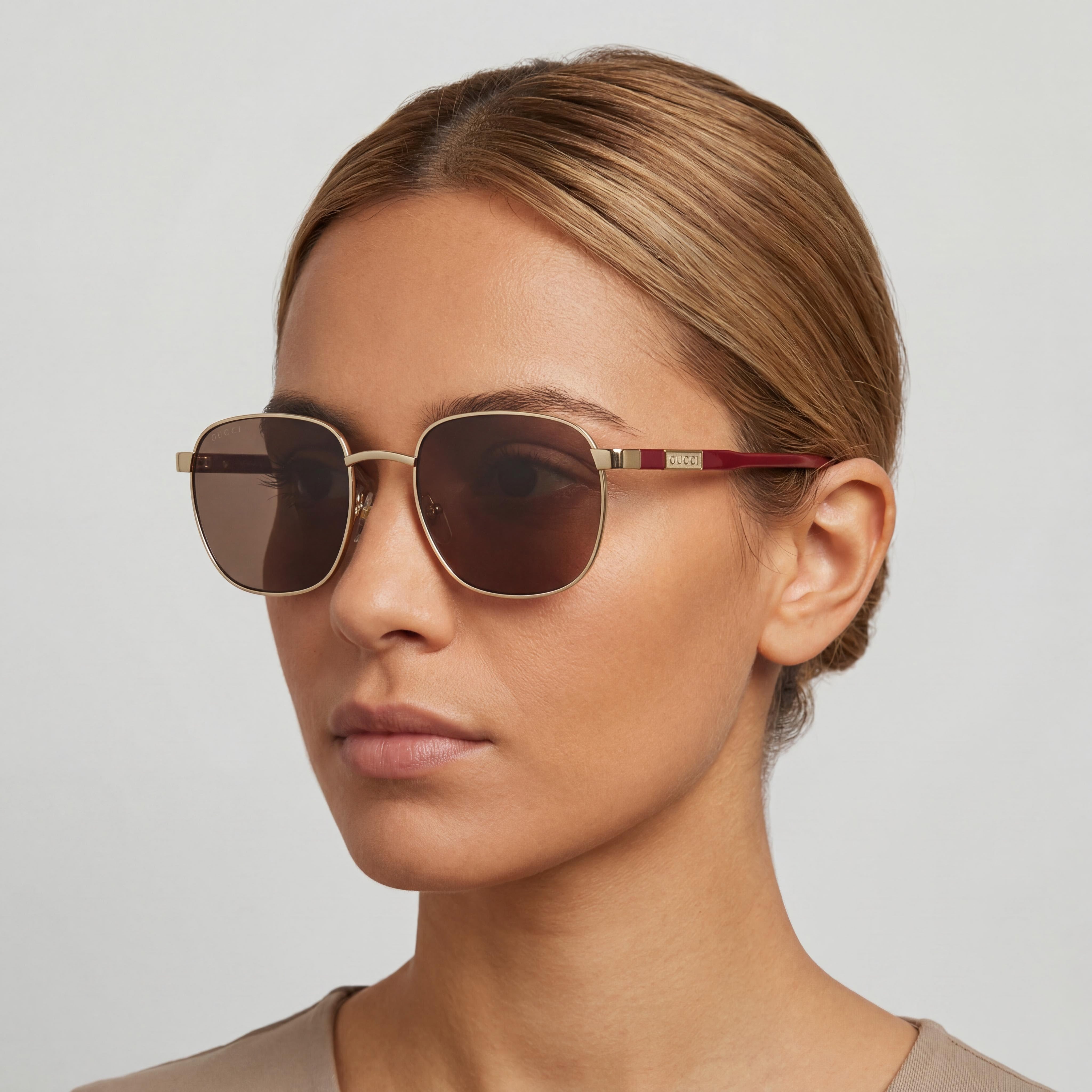 Gucci Classic Unisex Red & Gold Metal Frame Sunglasses with Brown Plastic Non-Polarized Lenses, 54mm, Photo 5