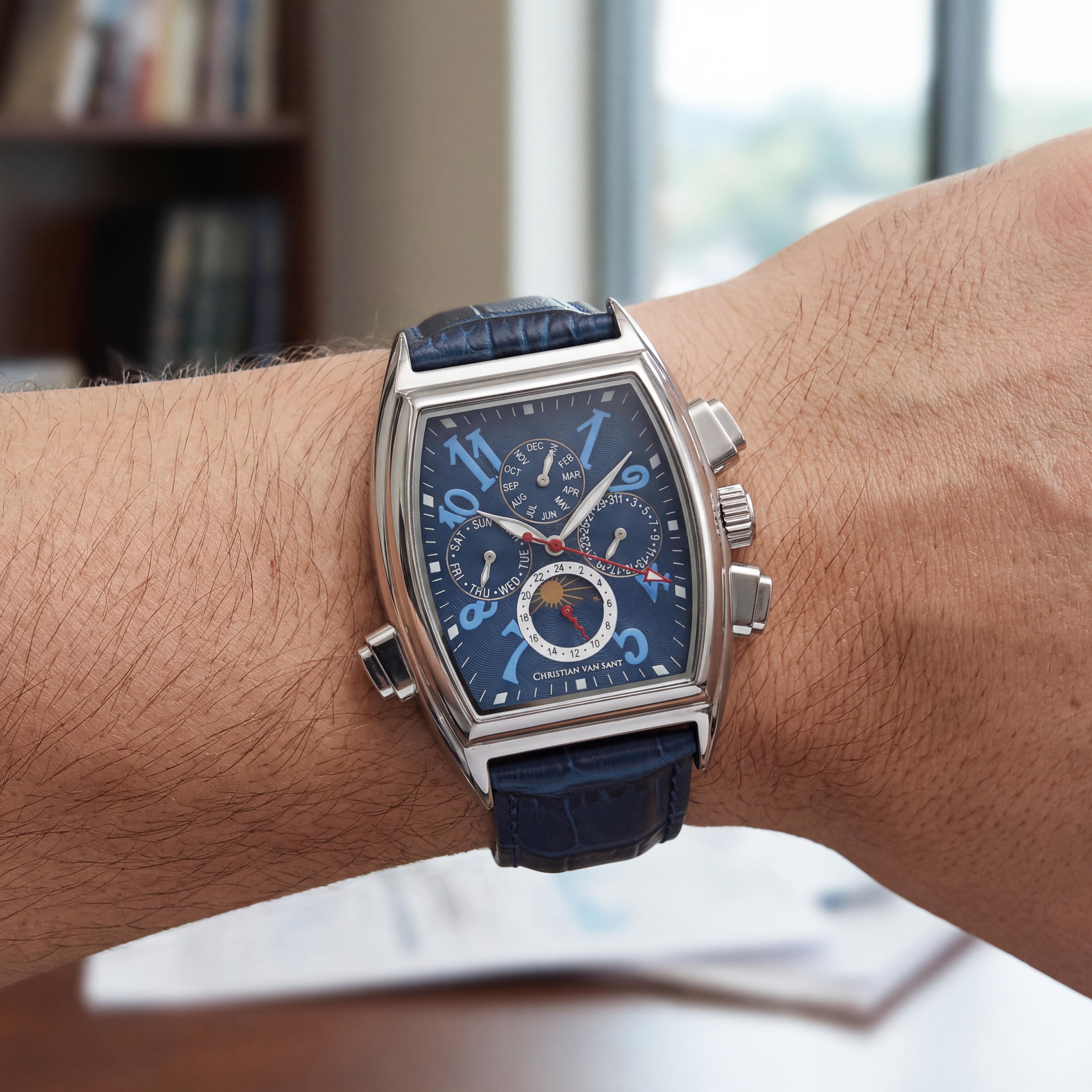 Reloj Christian Van Sant Grandeur automático de hombre con esfera azul, caja de acero inoxidable, correa de cuero, cristal mineral y resistencia al agua de 50 m, Photo 4
