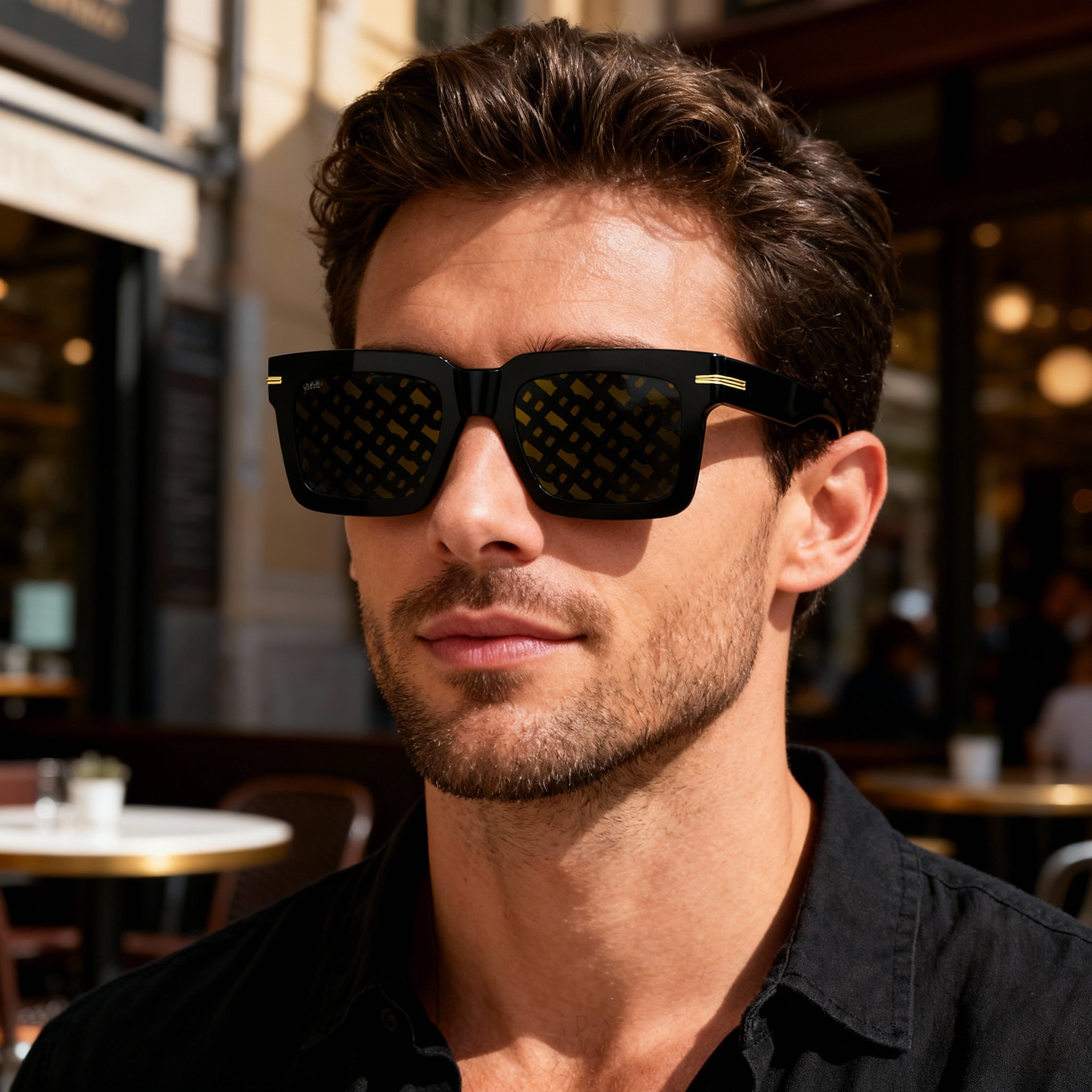 Gafas de sol Hugo Boss Modern para hombre, de acetato ecológico, con protección UV, decoración dorada en negro y lentes doradas de 51 mm, Photo 3