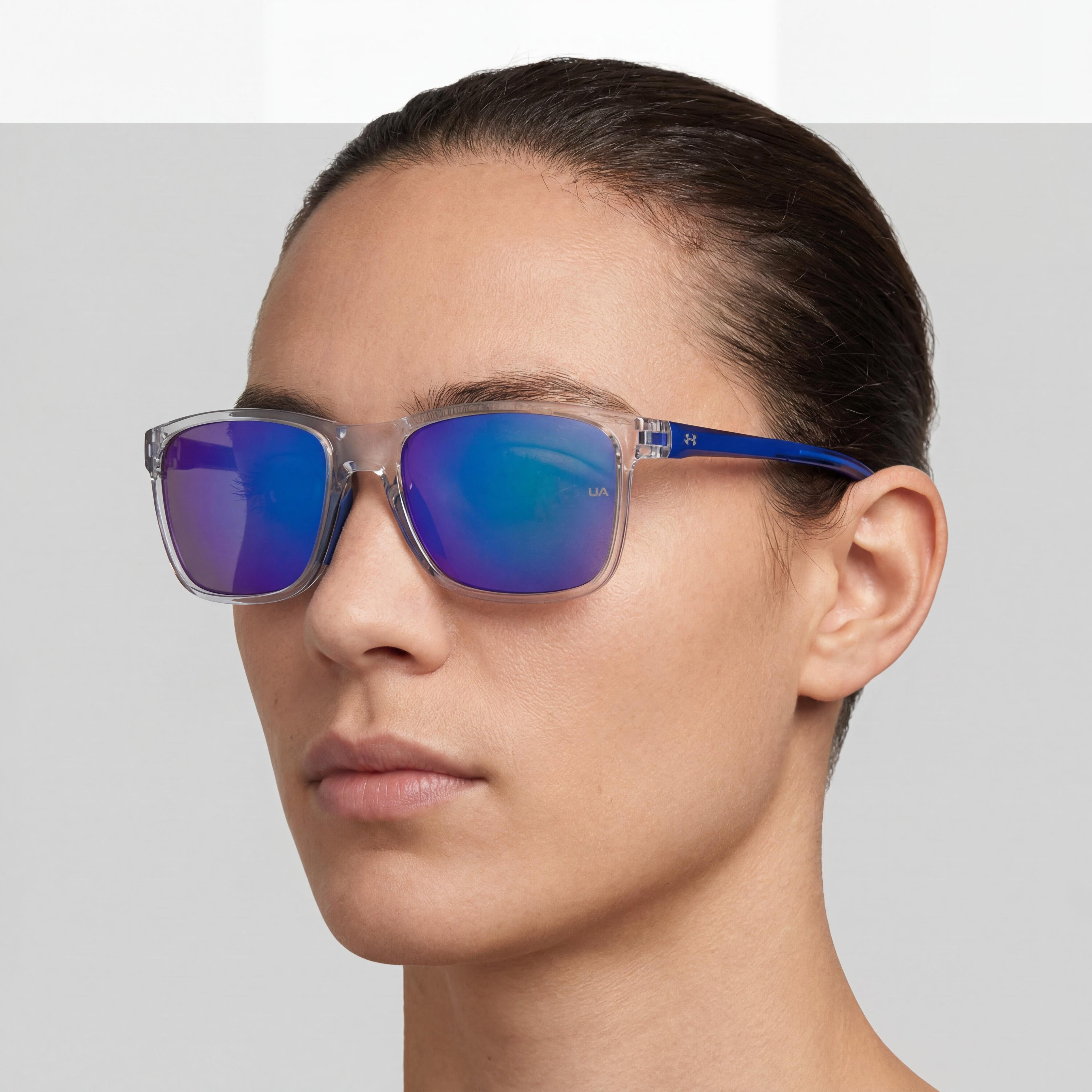 Under Armour Ua Hustle Jr. Unisex Rectangular Polyamide Crystal Clear Blue Multilayer Mirrored UV Non-Polarized 56mm, Photo 5