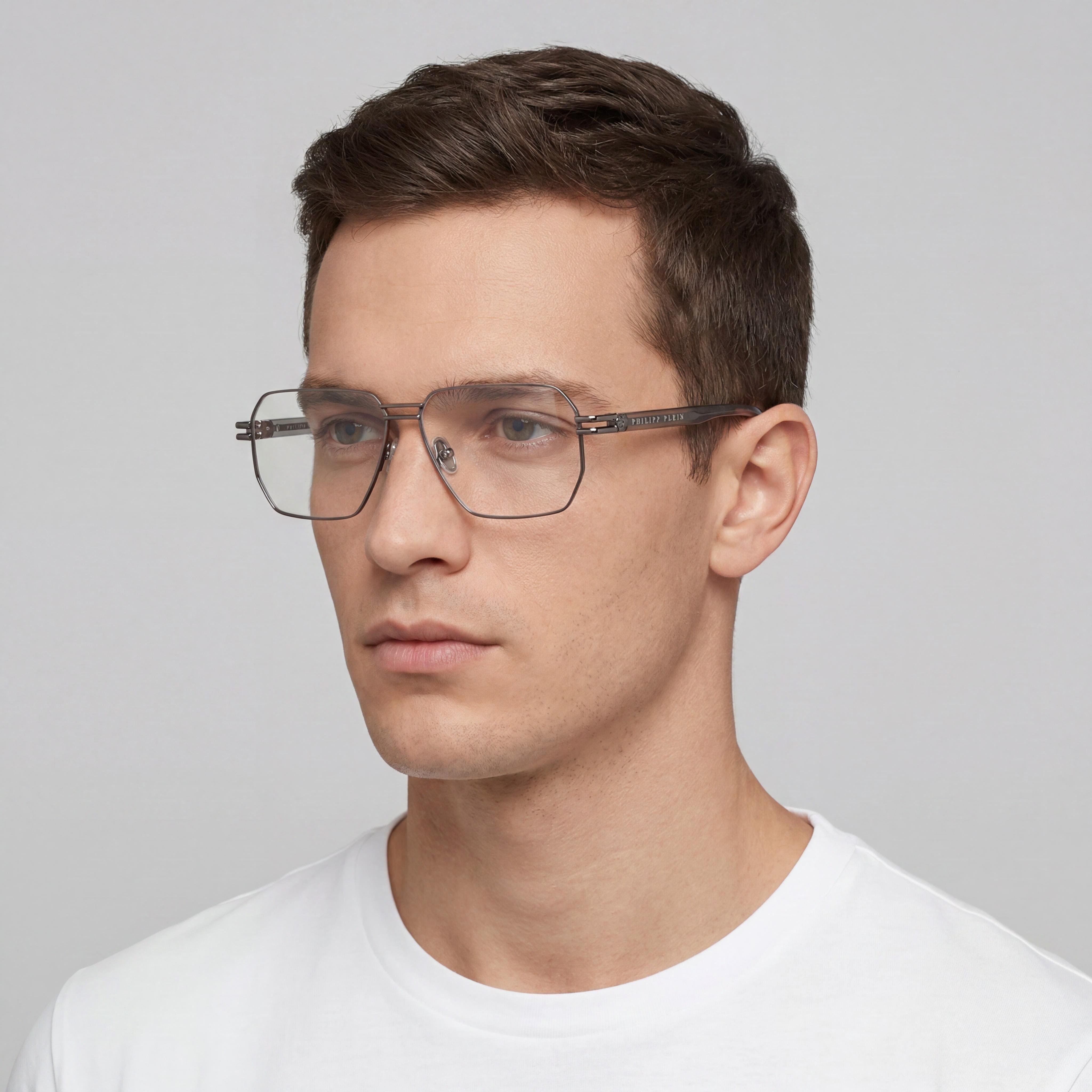 Gafas Philipp Plein Vpp114m de hombre, montura óptica de acero inoxidable con acabado rutenio brillante, 58 mm, Photo 4