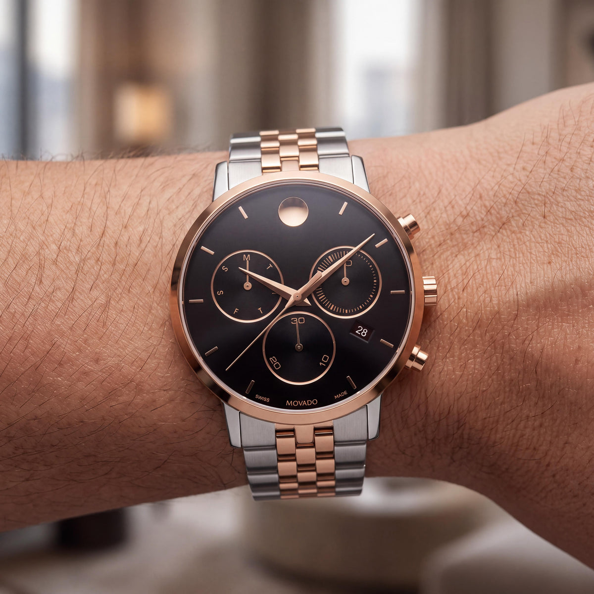 Movado Men's Museum Classic Chronograph Watch, 42mm, Silver Gold Black Two-Tone Stainless Steel Bracelet, Photo 4