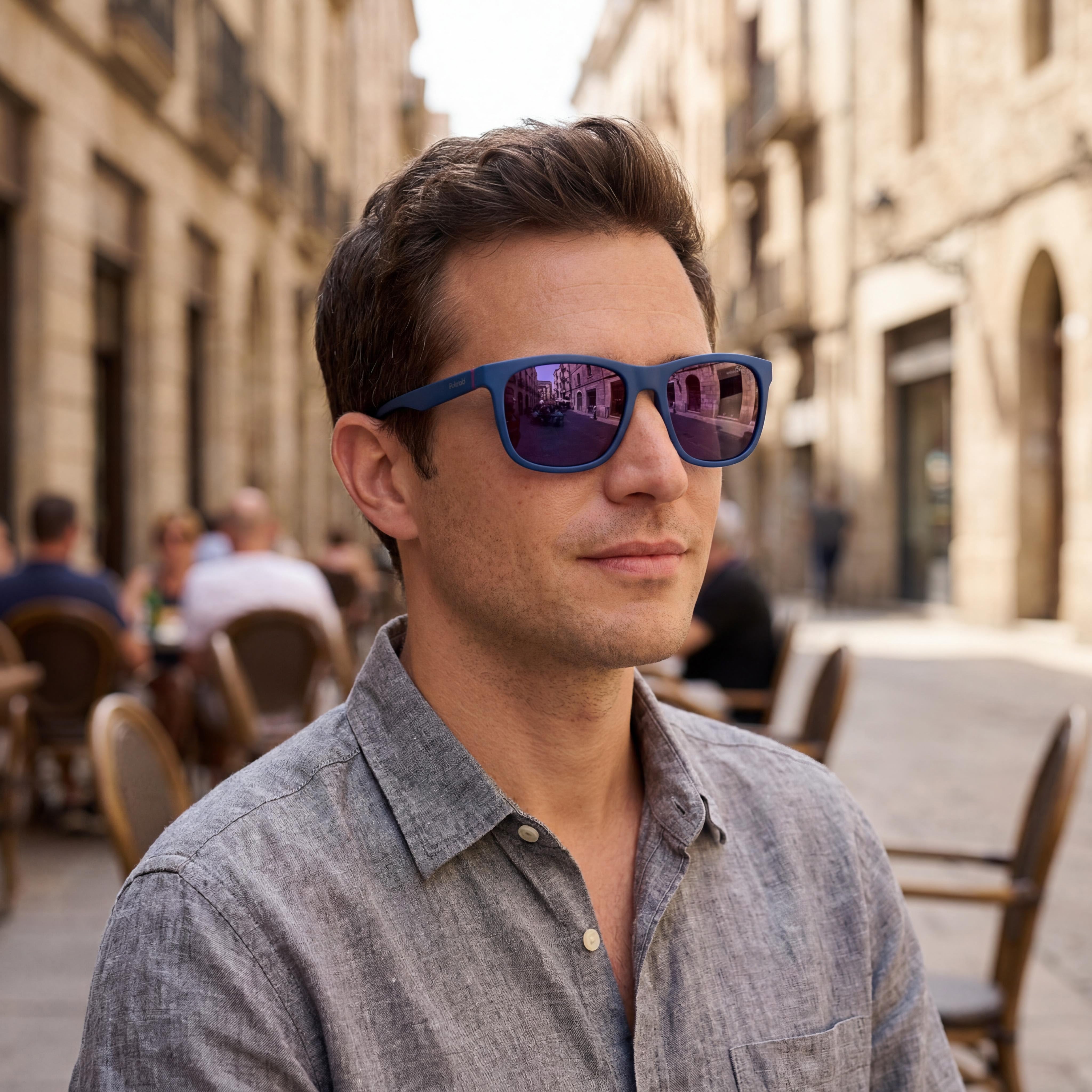 Gafas de sol modernas de acetato Polaroid Pld 2140/s para hombre, montura semiopaca azul violeta celeste, lentes de espejo violeta, 55 mm, Photo 6