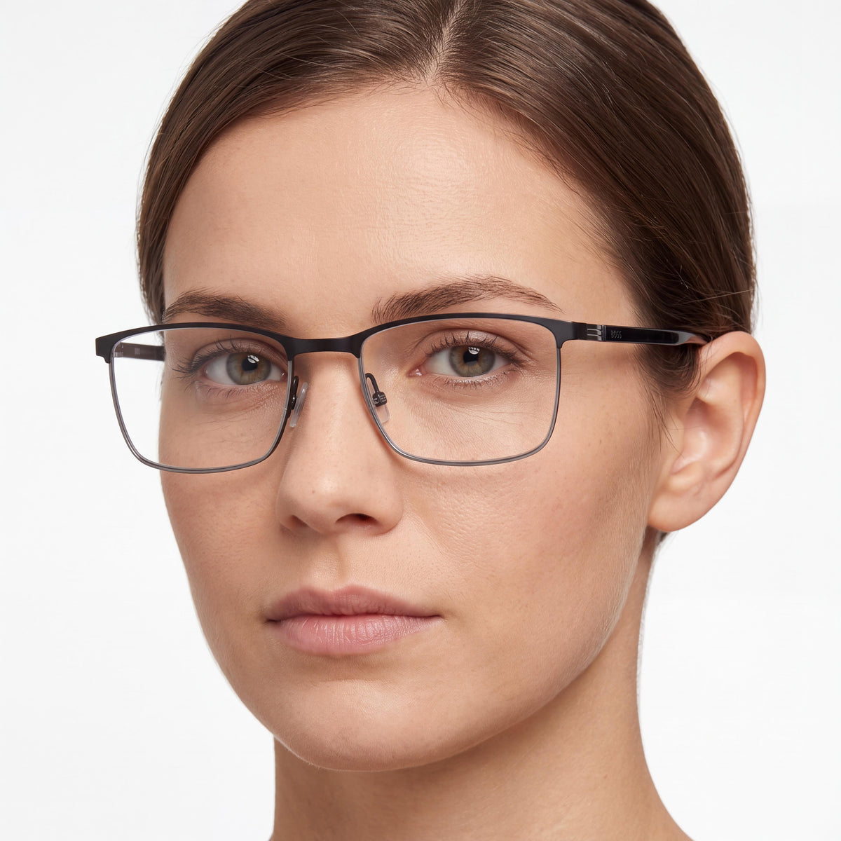 BOSS 1637 Women's Stainless Steel Rectangular Non- Eyeglasses Matte Black Ruthenium Transparent Lenses 54-18-150, Photo 5
