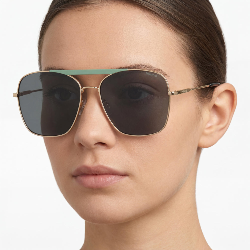 Gafas de sol Polaroid Modern para mujer, de acero inoxidable, color gris, con protección UV, en dorado mate aguamarina, 59-16-145