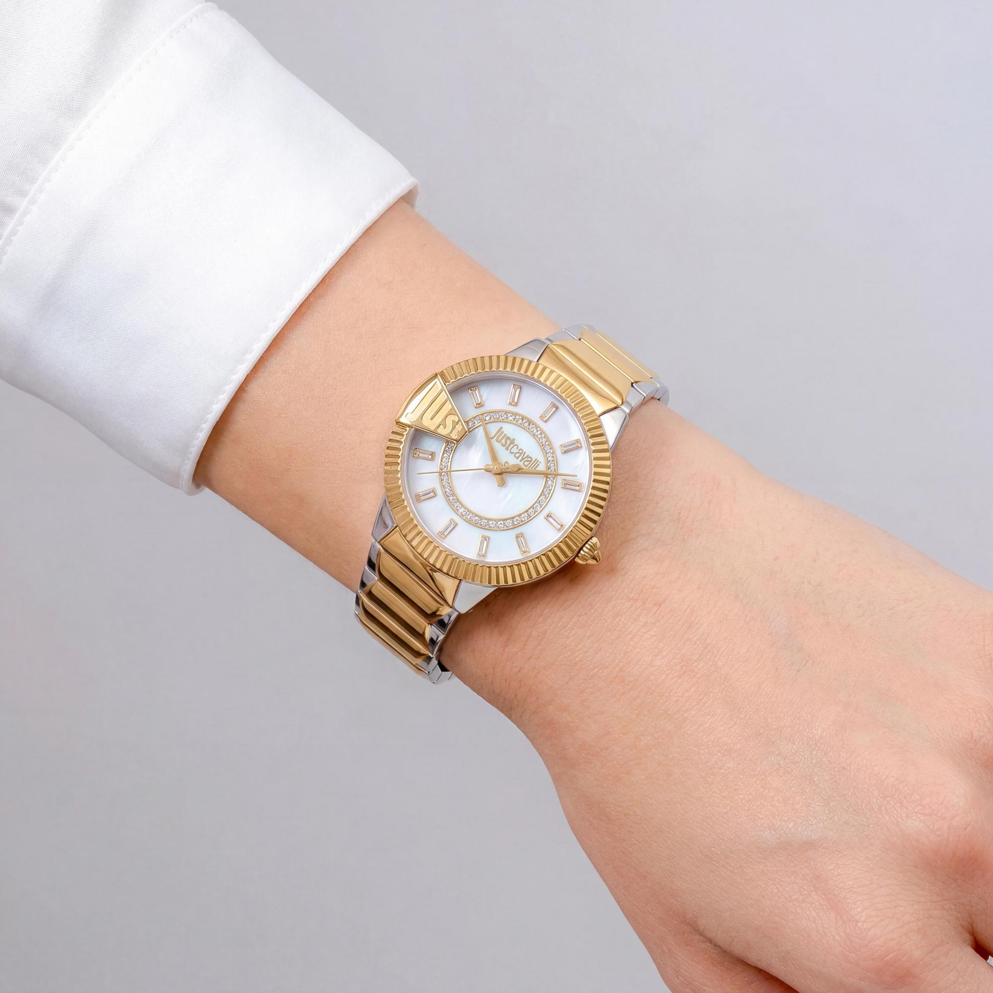 Reloj Just Cavalli para mujer, de acero inoxidable, con pulsera bicolor, dorado y plateado, esfera blanca y resistente al agua hasta 50 m., Photo 3