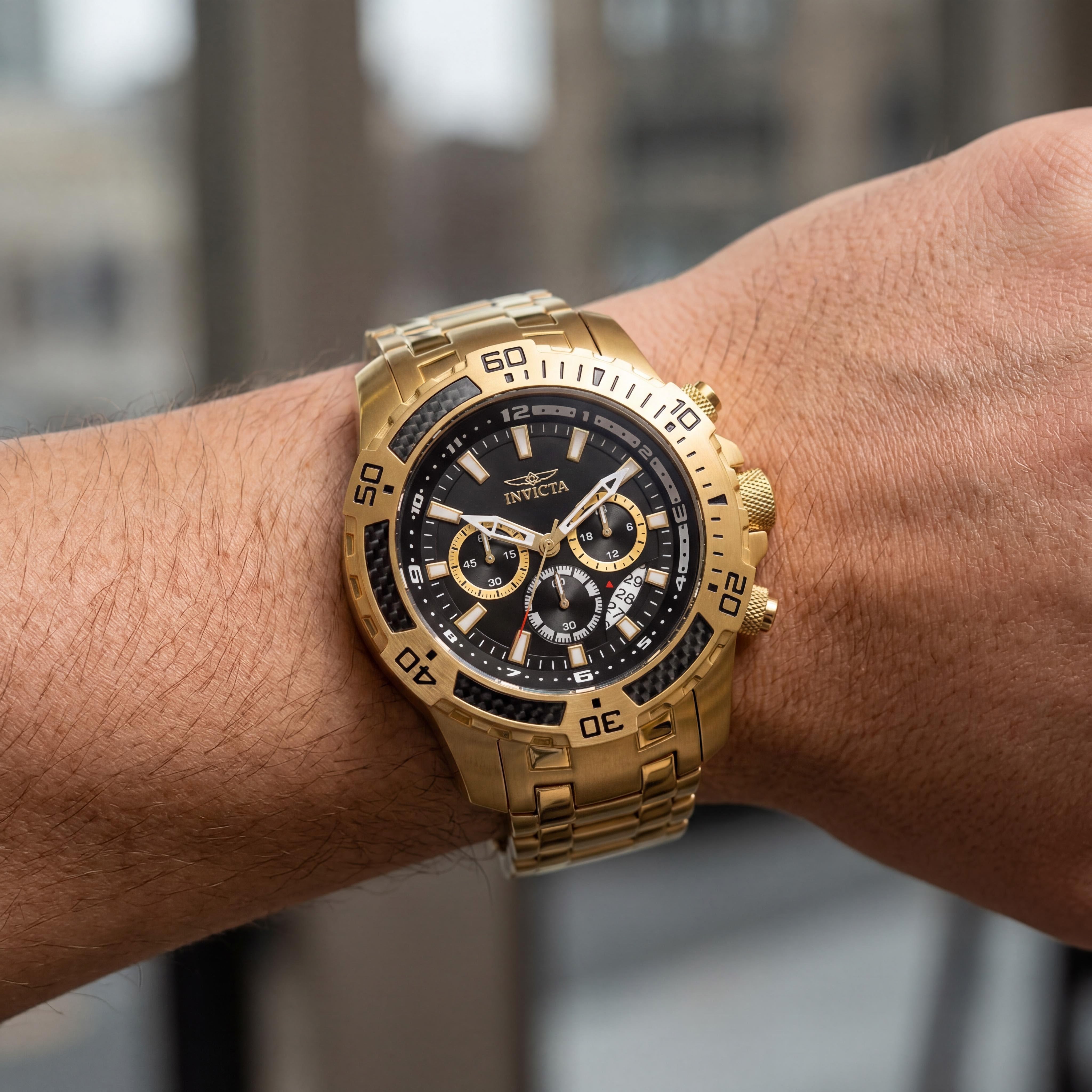 Invicta Men's Pro Diver Quartz Chronograph Black Dial Yellow Gold Plated Stainless Steel 51mm Watch, Photo 4