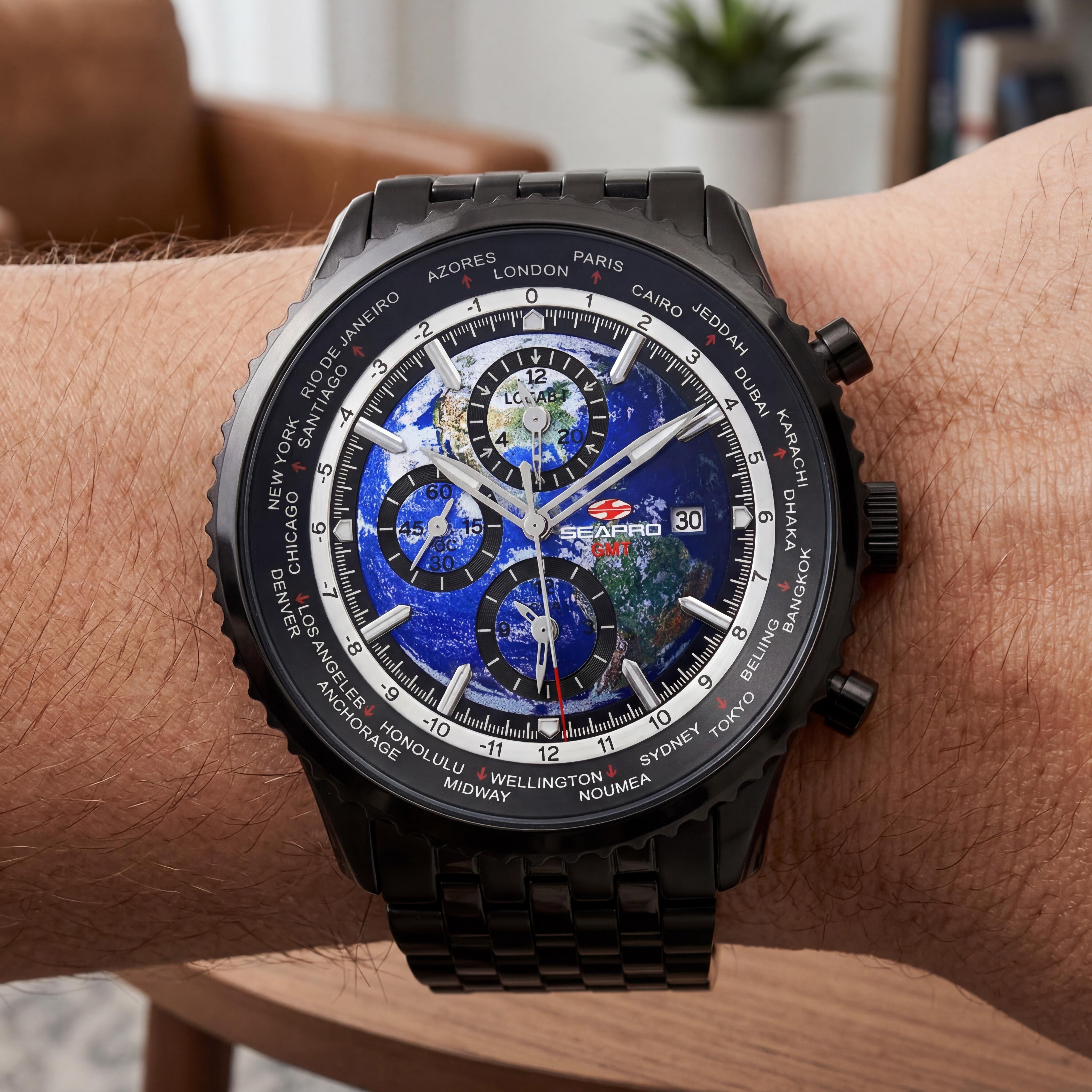 Reloj Seapro de hombre con movimiento de cuarzo, esfera azul, hora mundial, GMT y alarma, Photo 4