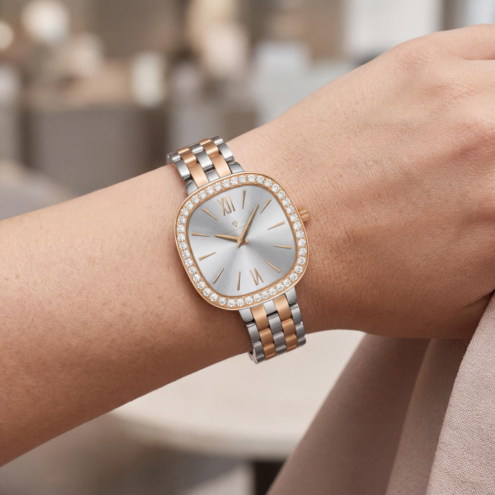 Christian Van Sant Women's CV1269 Two-tone Stainless Steel Silver Dial Square Quartz Watch with Mineral Crystal 24mm