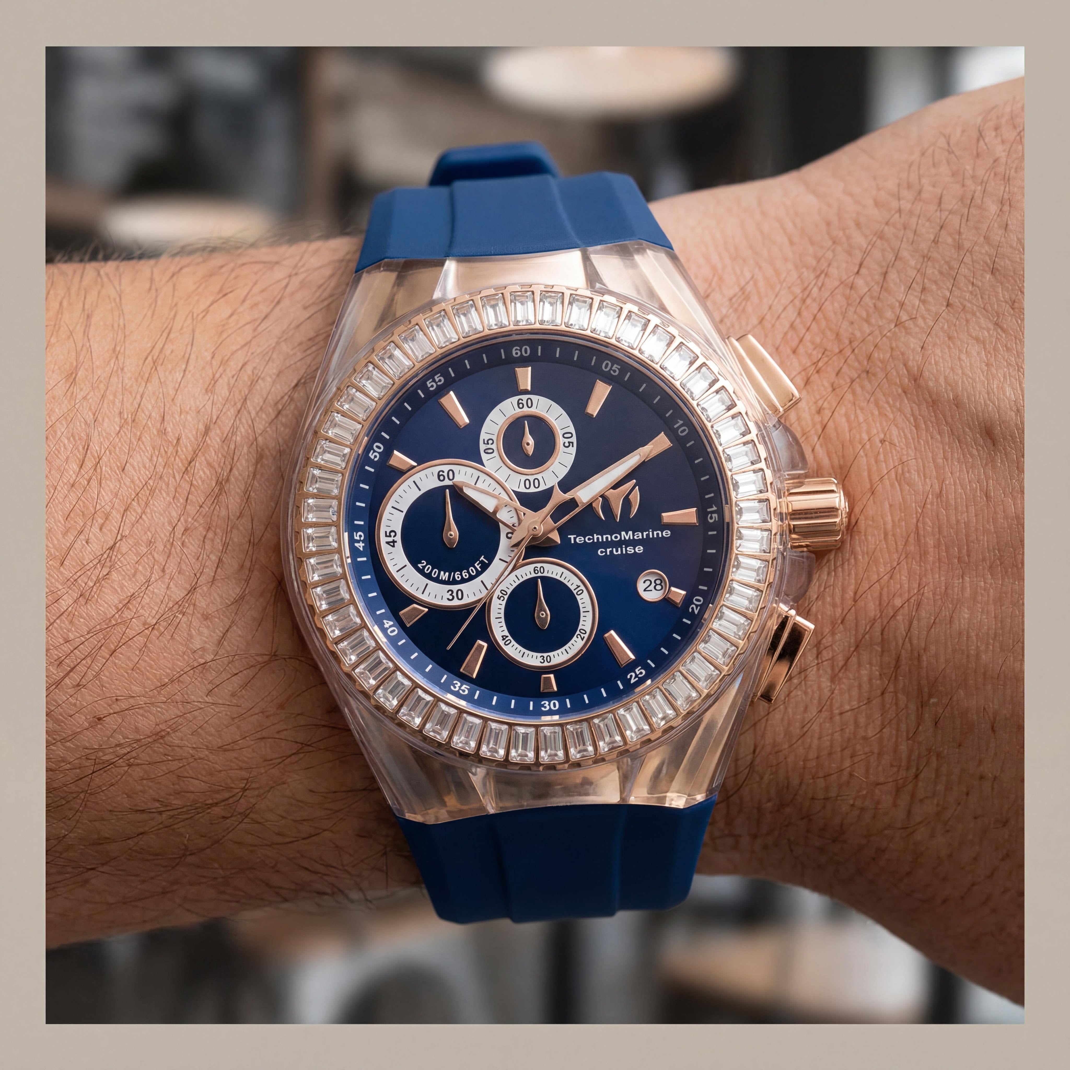Technomarine strap Men's Blue & Rose Gold Tone Silicone Quartz Watch 45mm Glow In The Dark 200m WR, Photo 4