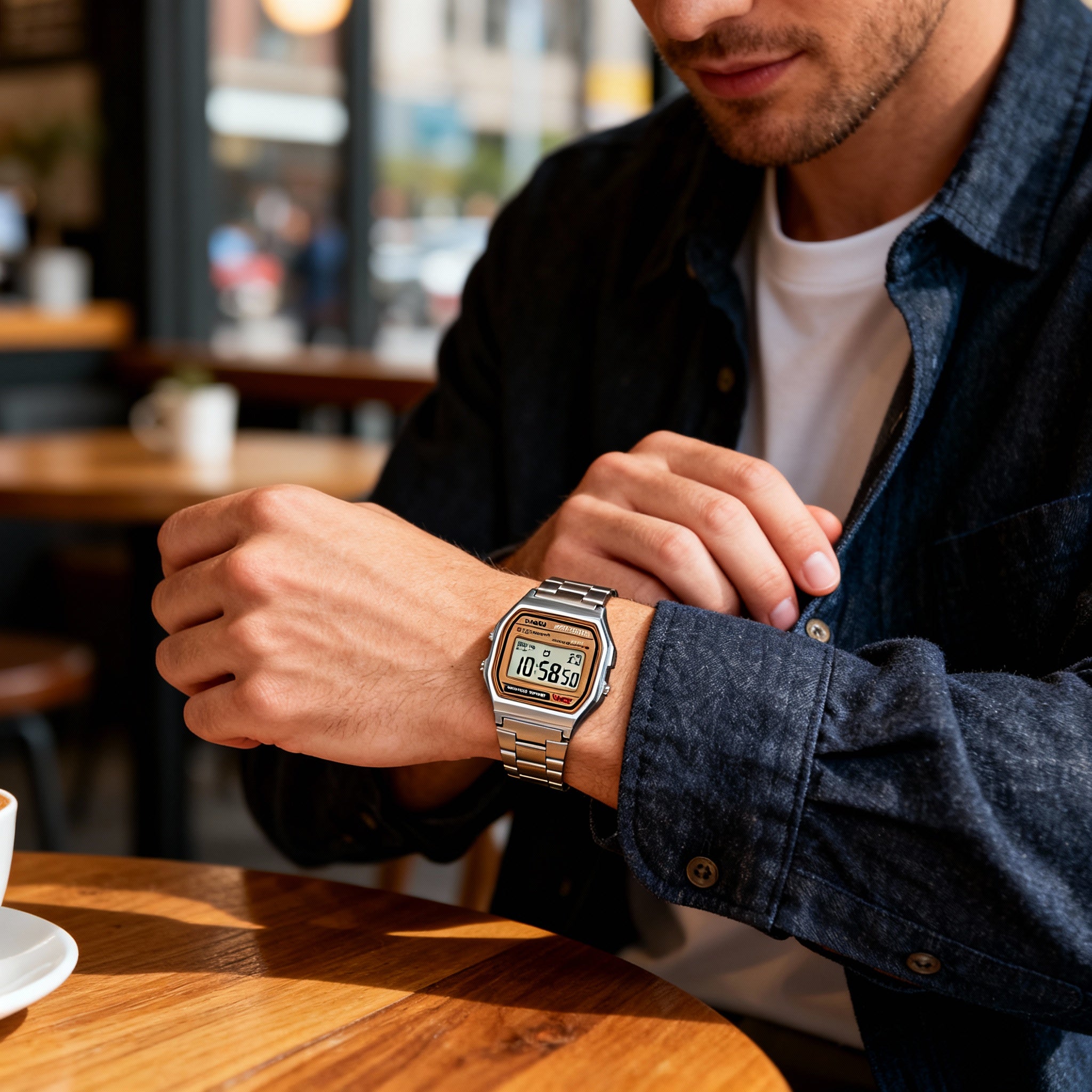 Casio A158WEA-9CF Men's Silver Gold Stainless Steel Digital Watch, Chronograph, Alarm, Water-Resistant, Photo 4