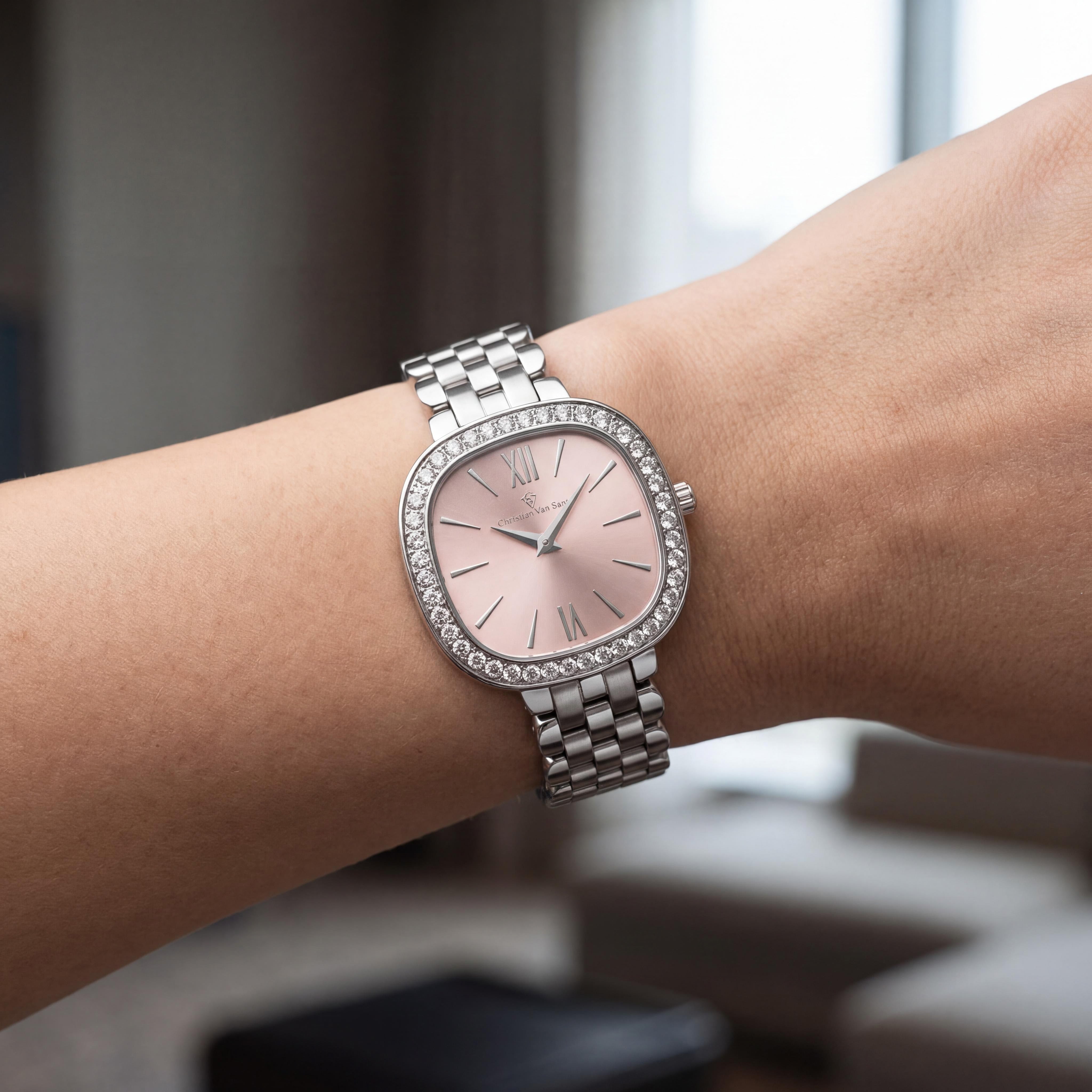 Reloj de cuarzo Christian Van Sant CV1263 para mujer de acero inoxidable en tono plateado con esfera de oro rosa y cristal mineral resistente a los arañazos, Photo 4