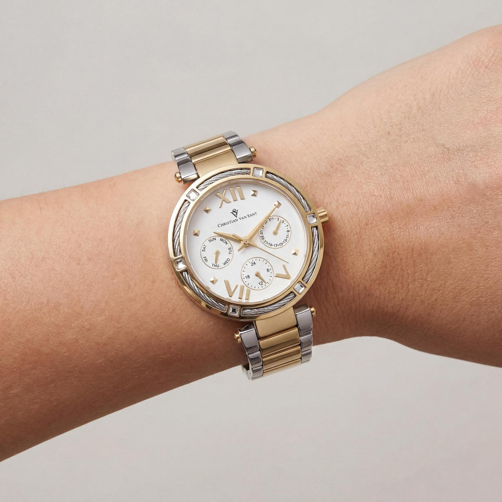 Reloj de cuarzo resistente al agua con esfera blanca y caja de acero inoxidable para mujer de Christian Van Sant