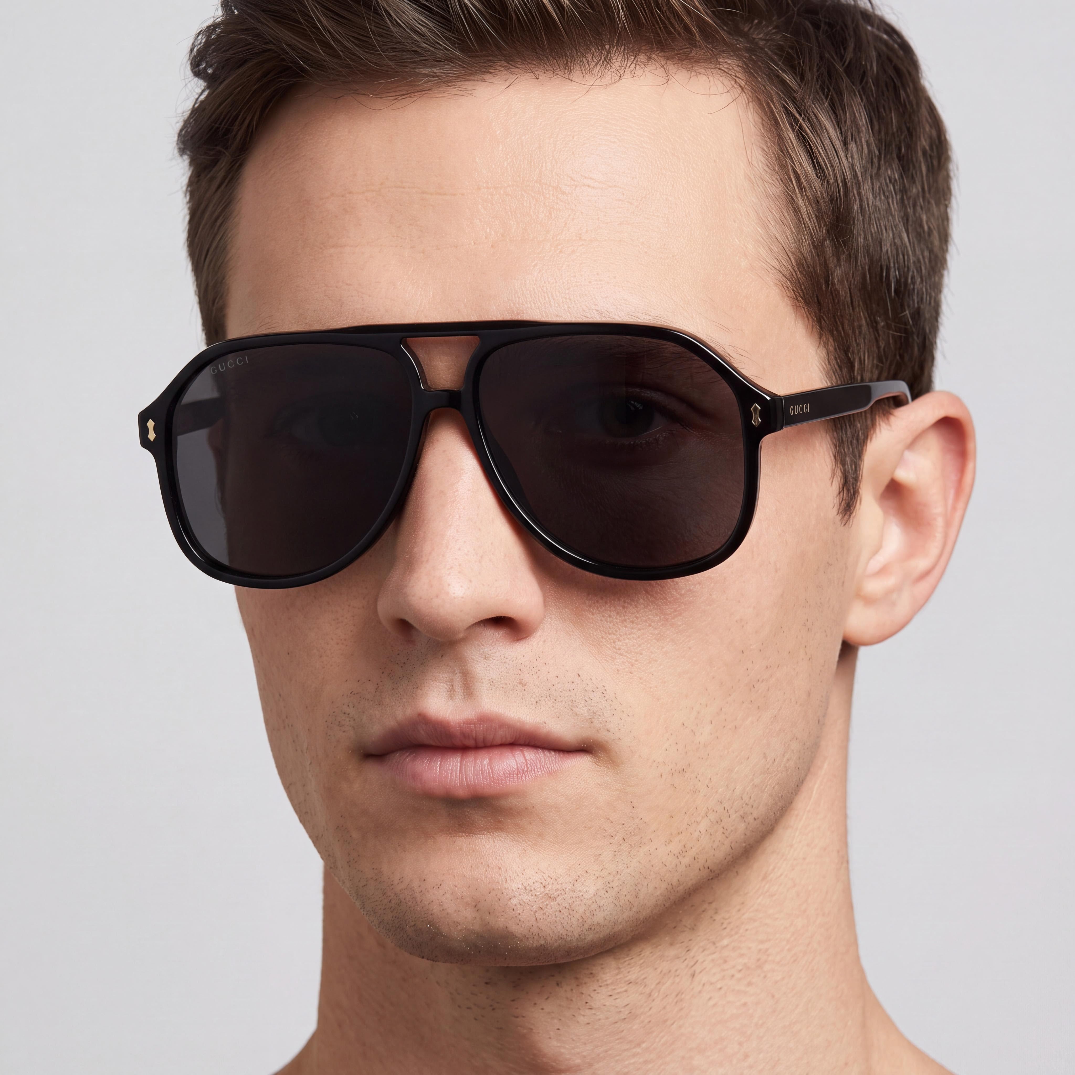 Gucci GG1042S Men's Pilot Black Gold Logo Acetate, Grey Non-Polarized UV Protection Sunglasses 60mm, Photo 4
