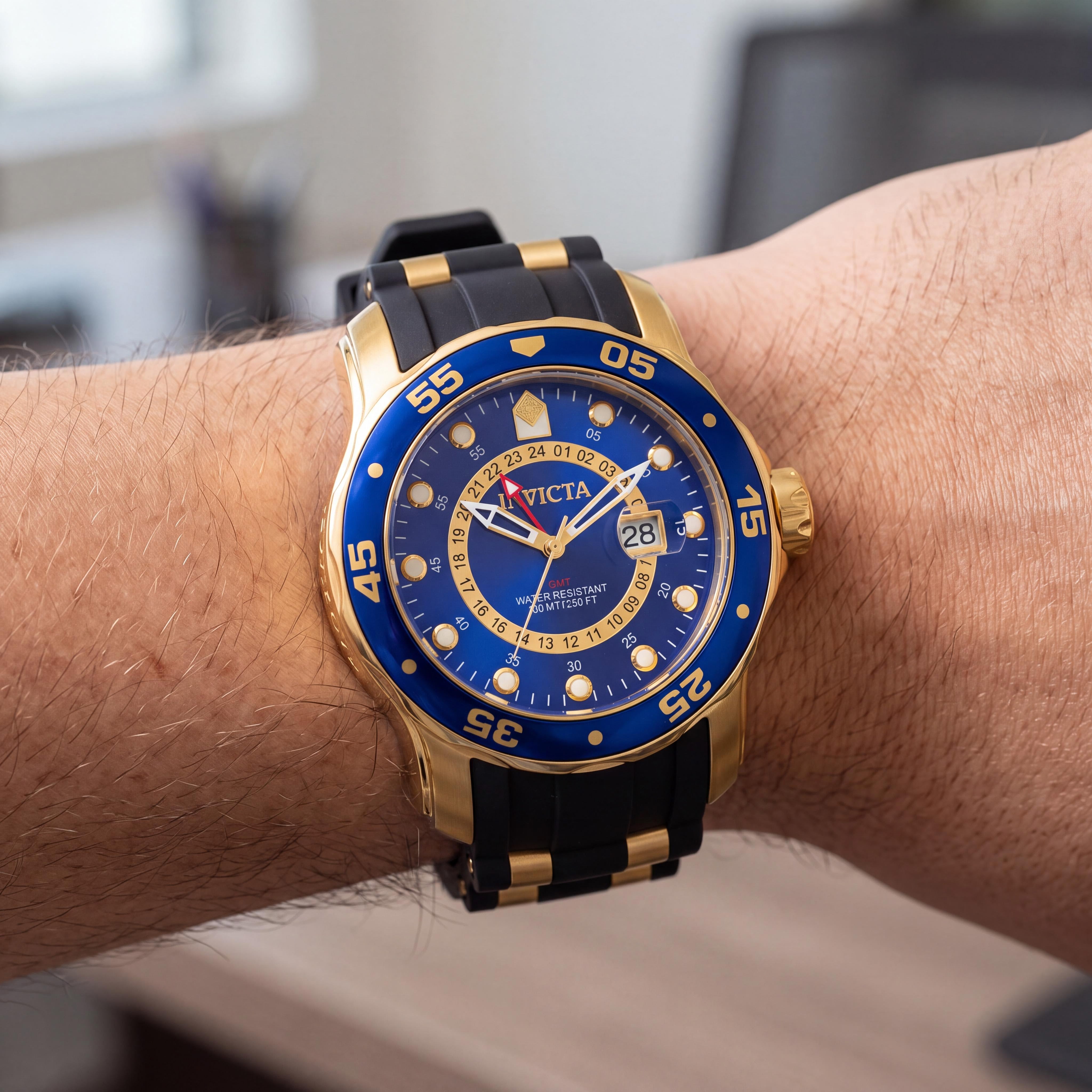 Invicta Men's Pro Diver Collection Casual Gold-Tone Blue Dial Black Polyurethane GMT Swiss Quartz Watch, Photo 3