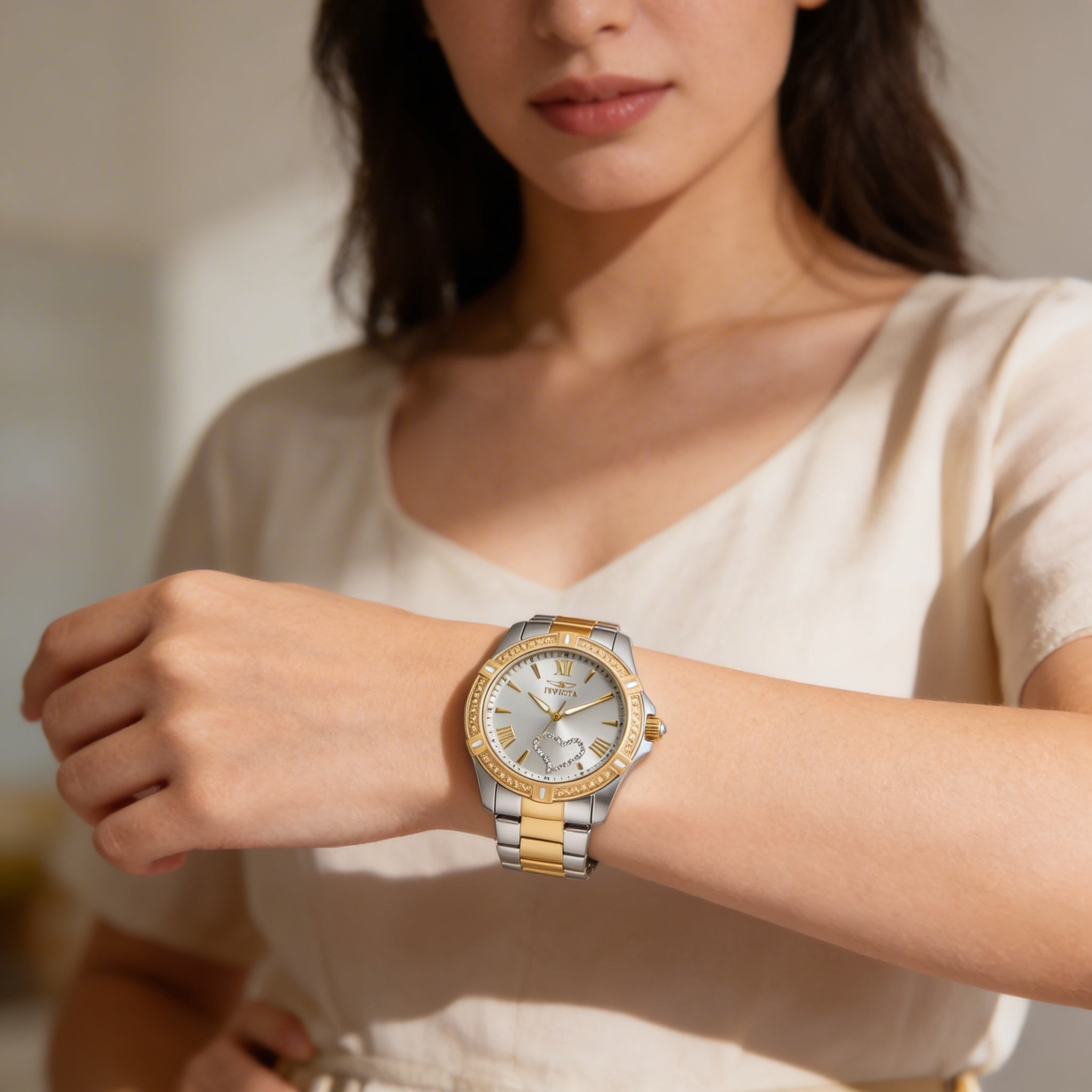 Invicta Angel Women's Two-Tone Yellow Gold Plated Stainless Steel Bracelet Luminous Silver Dial Watch 35mm, Photo 3