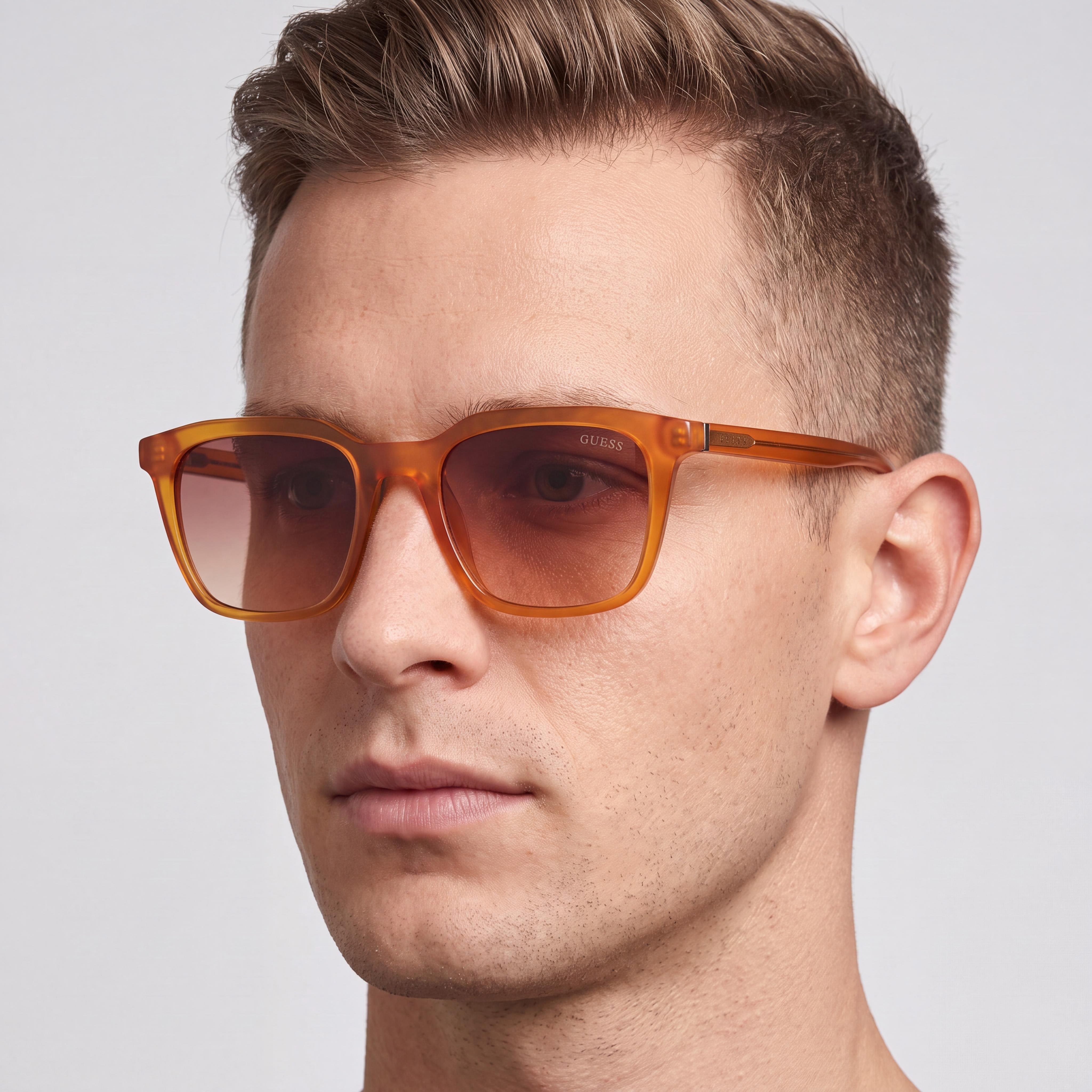 GUESS Modern Unisex Shiny Dark Orange Injected Frame Brown Lens Sunglasses 53mm, Photo 4