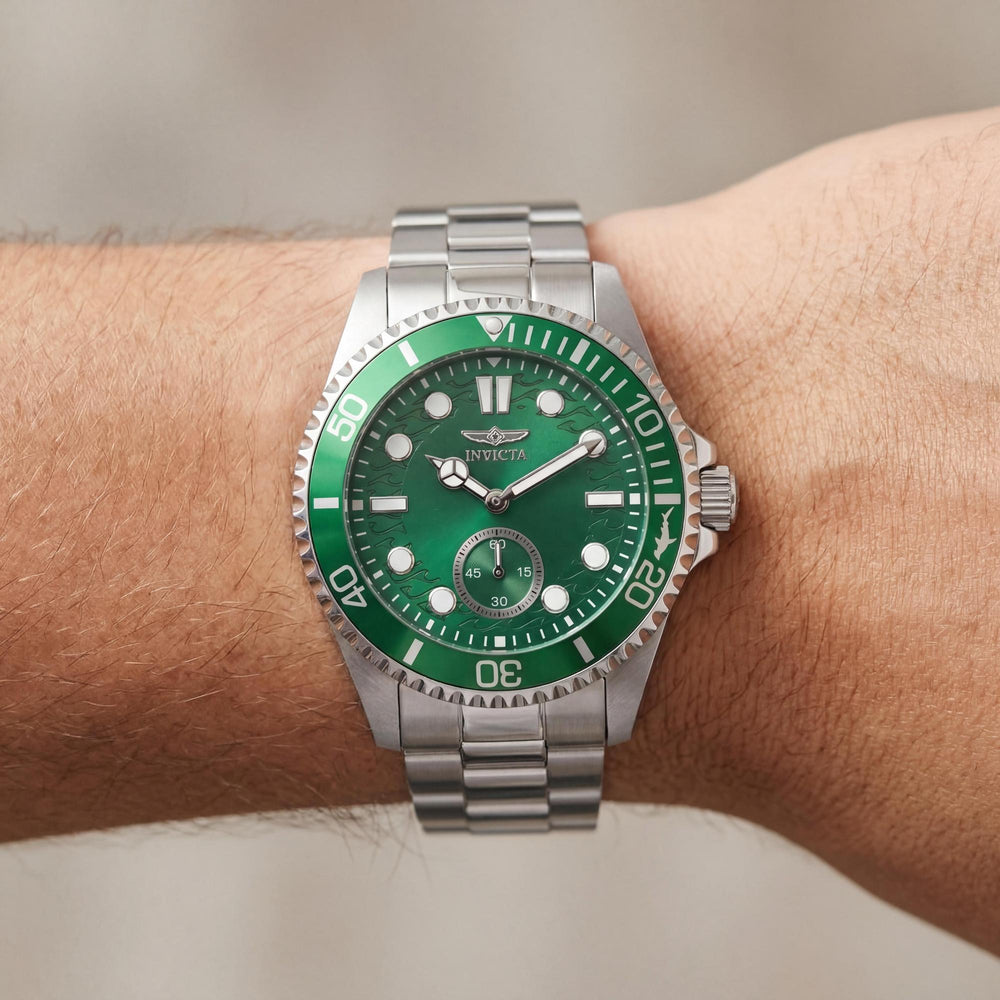 Invicta Pro Diver 49423 Men's Quartz Watch, 43mm Silver Stainless Steel, Green Dial, 10 ATM Water Resistant