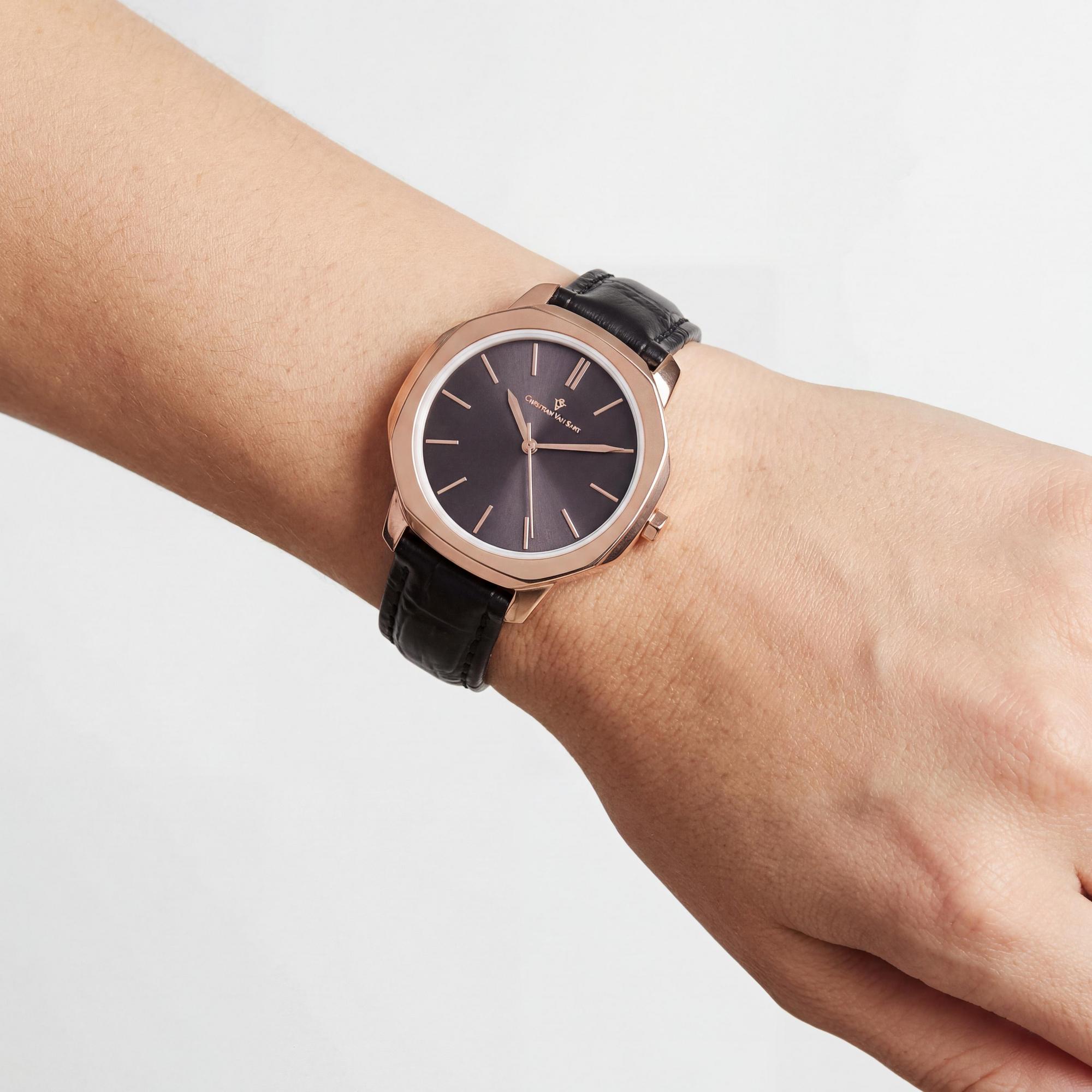 Reloj Christian Van Sant Octave Slim de cuarzo plateado, acero inoxidable y esfera negra para mujer, resistente al agua, Photo 3