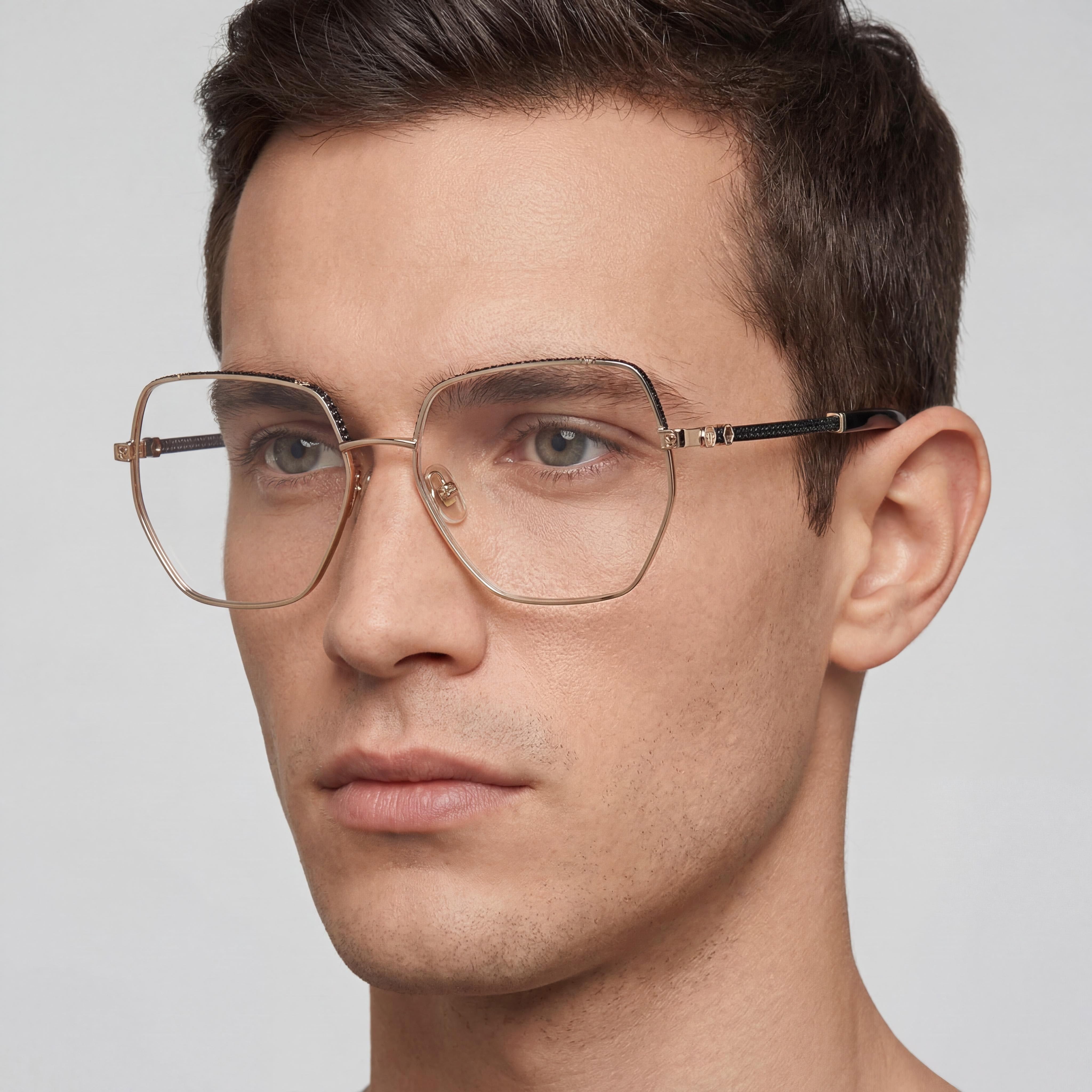 Philipp Plein VPP054S Gold Rectangle Eyeglasses for Men, Acetate 57mm, Photo 4