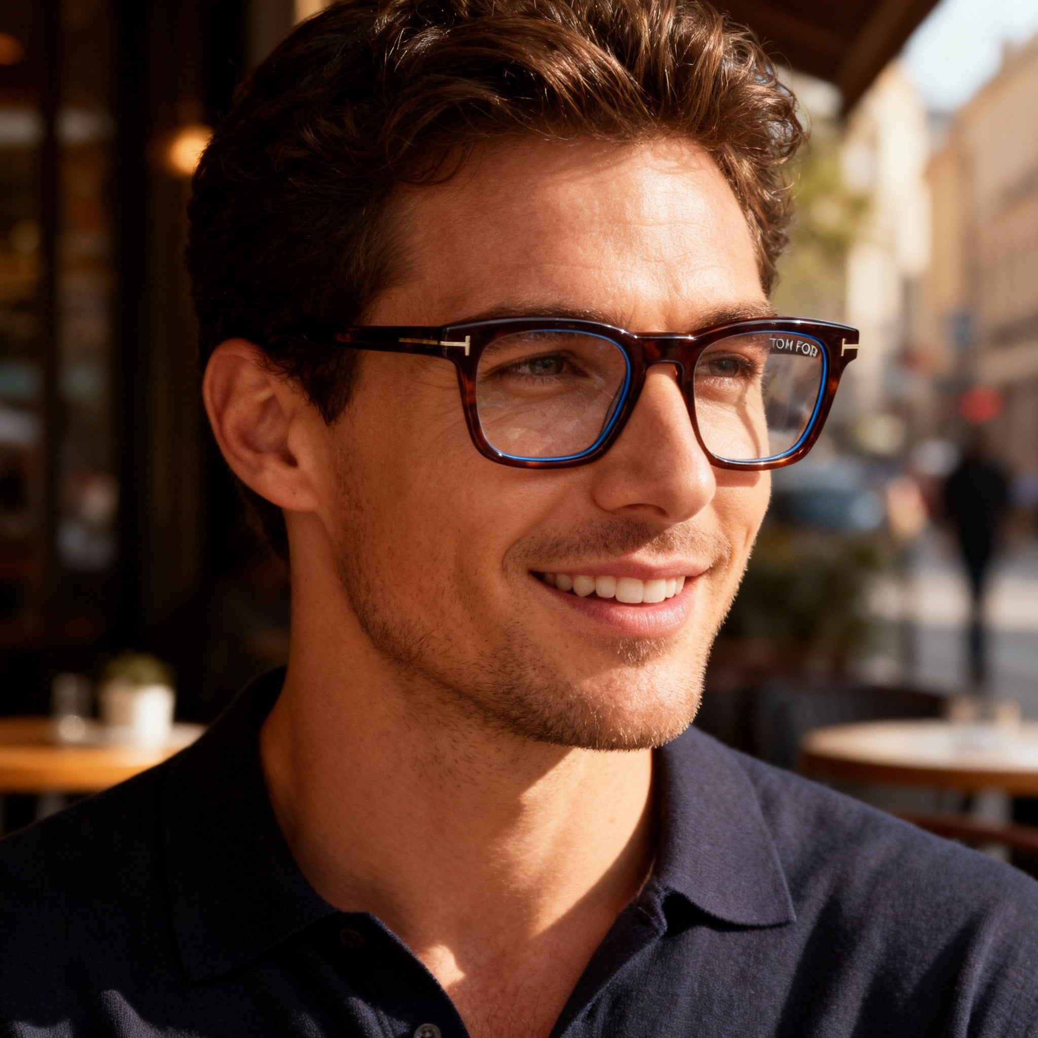 Tom Ford Men's Stainless Steel Blue Light Blocking Eyeglasses, Dark Havana Frame, Light Gray Lenses, Bridge 21, Photo 4