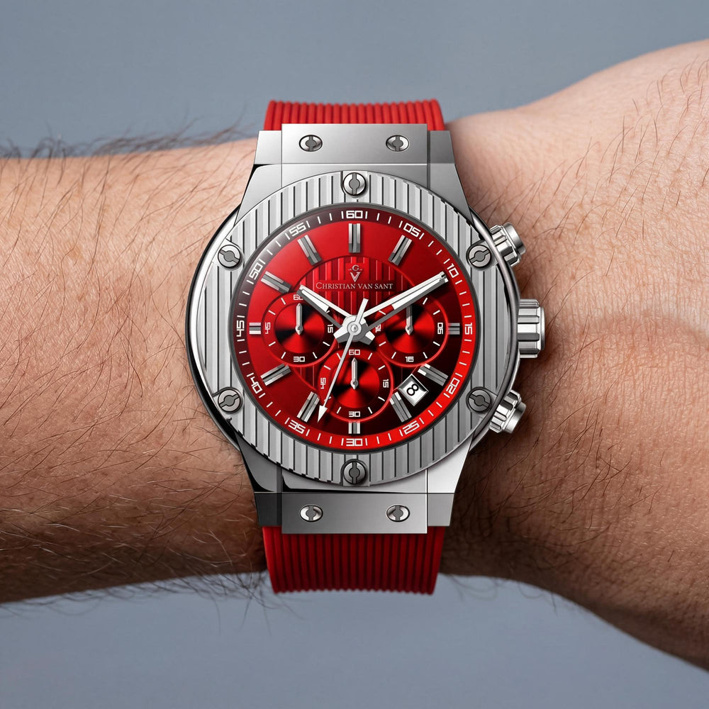 Reloj de cuarzo mineral Christian Van Sant para hombre, correa de caucho roja, caja de acero inoxidable, resistente al agua hasta 50 m y resistente a arañazos.