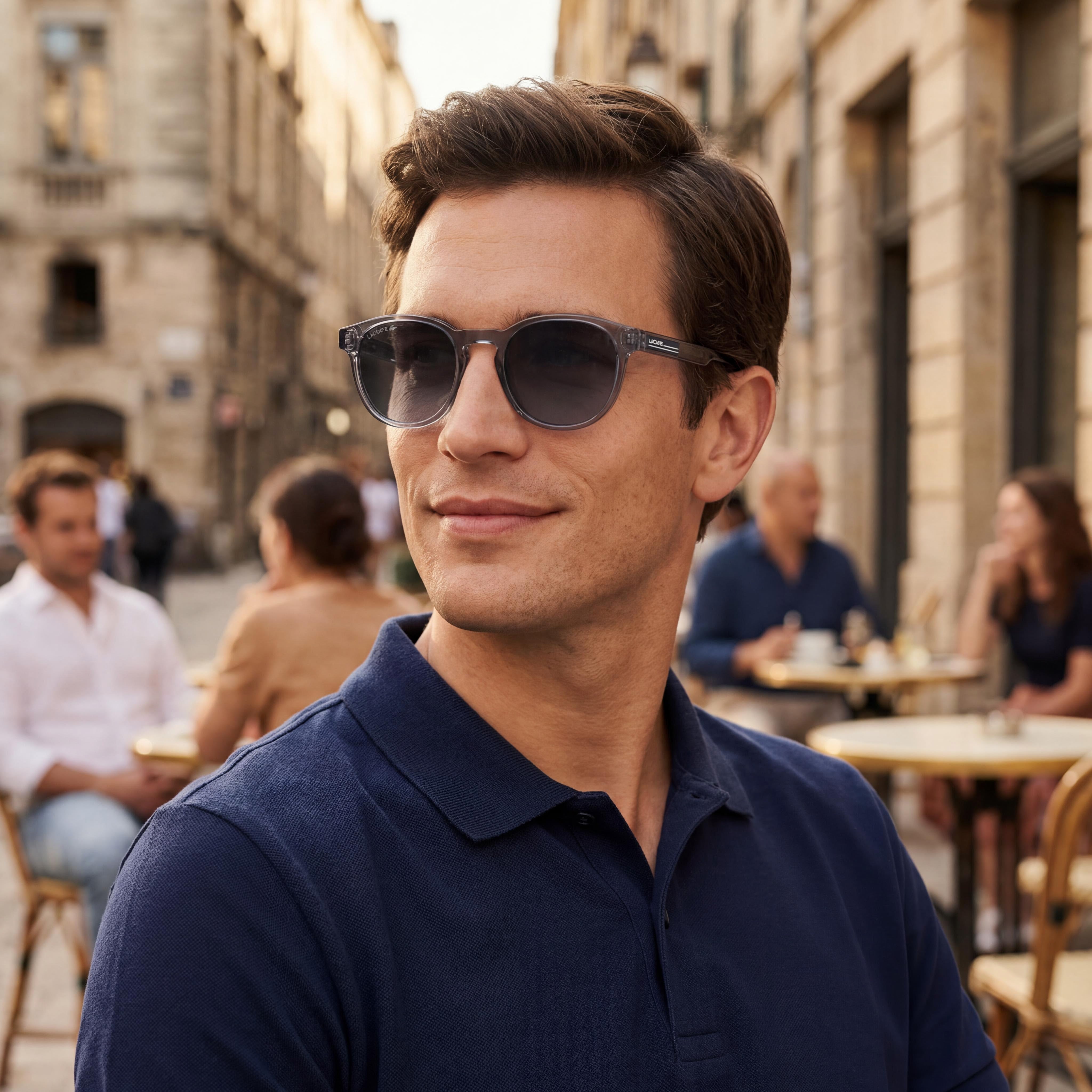 Gafas Lacoste Classic para hombre con montura de plástico transparente gris claro y lentes de policarbonato grises, 51 mm de ancho de lente, Photo 6