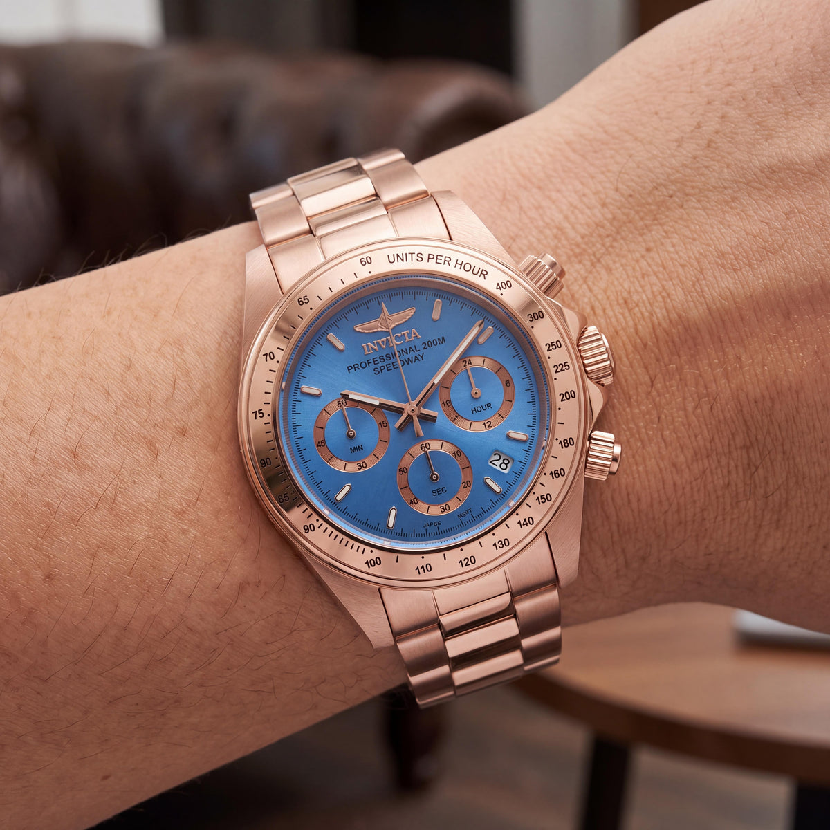Invicta Bracelet Unisex Light Blue Dial 18K Rose Gold Ion-Plated Stainless Steel Chronograph Glow In The Dark Watch, Photo 4