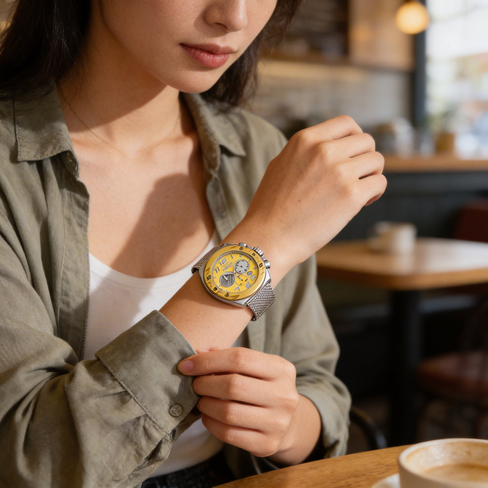 Reloj de cuarzo Invicta Racing 47204 para hombre, de 48 mm, con pulsera de acero inoxidable y esfera dorada.