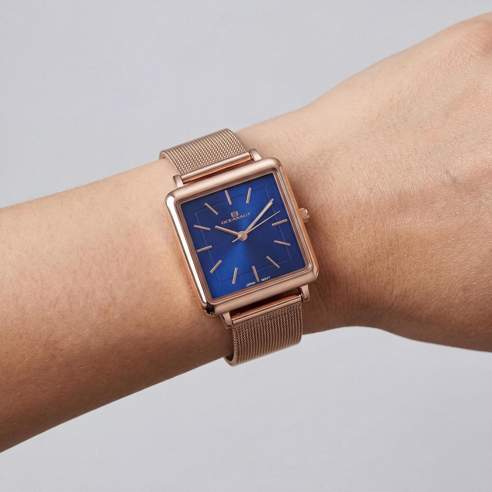 Reloj de cuarzo Oceanaut para mujer, acero inoxidable en oro rosa, esfera azul, resistente al agua y a los arañazos, mineral.