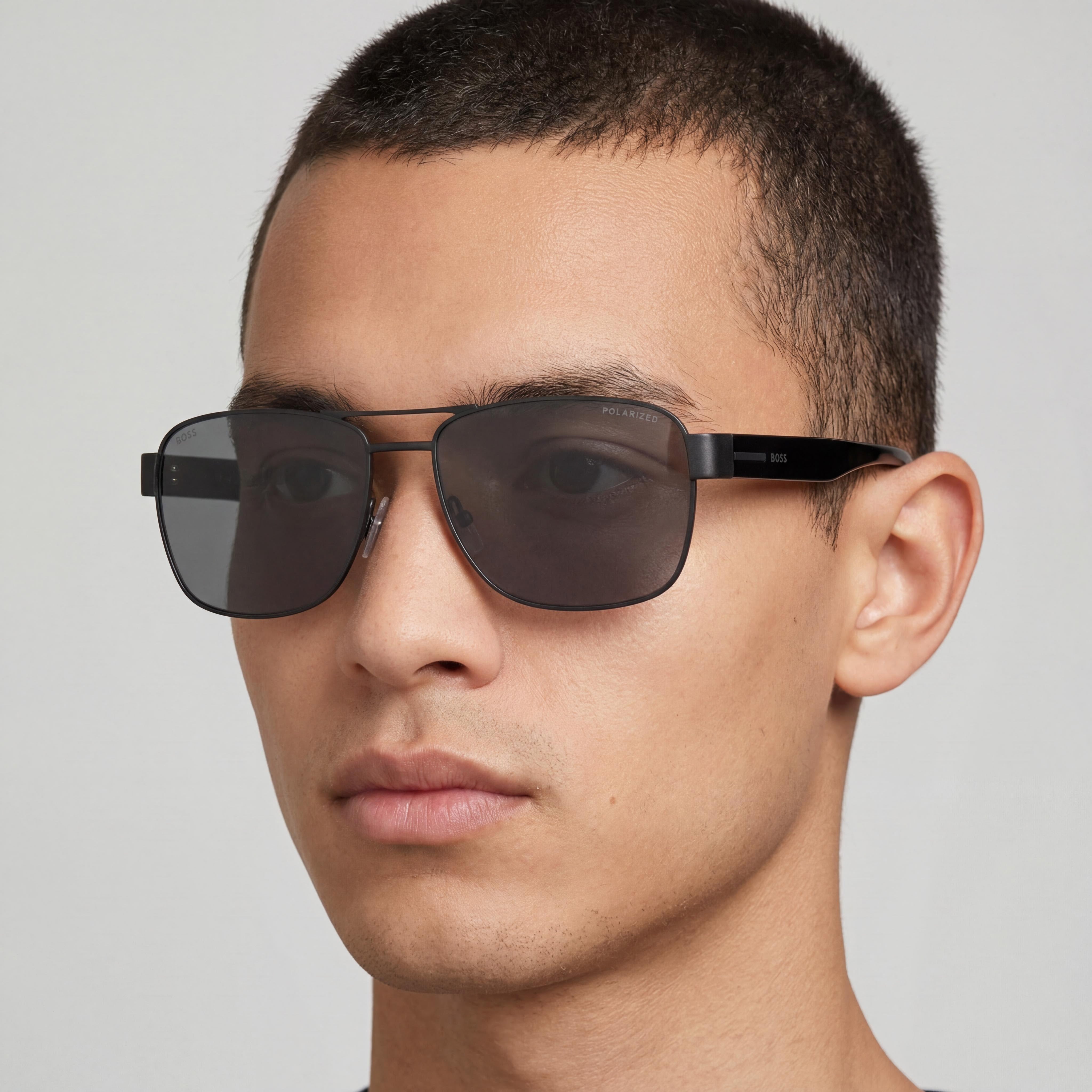 Hugo Boss Boss 1441/S Gafas de sol rectangulares unisex ligeras de acero inoxidable polarizadas grises con protección UV de 60 mm, Photo 5
