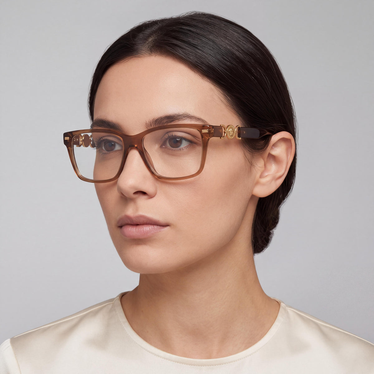 Gafas Versace para mujer de acetato con montura completa en marrón transparente y lentes de policarbonato transparentes de 54 mm, Photo 3