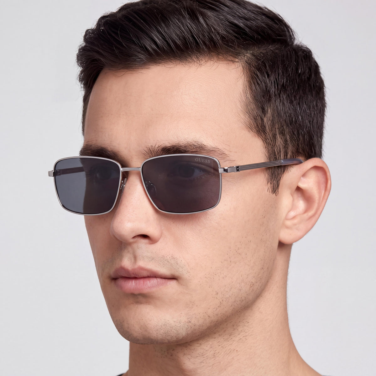 GUESS Ezra Narrow Rectangular Sunglasses, Men's, Metal, Shiny Gunmetal Frame, Smoke Lens, 56mm, Photo 5