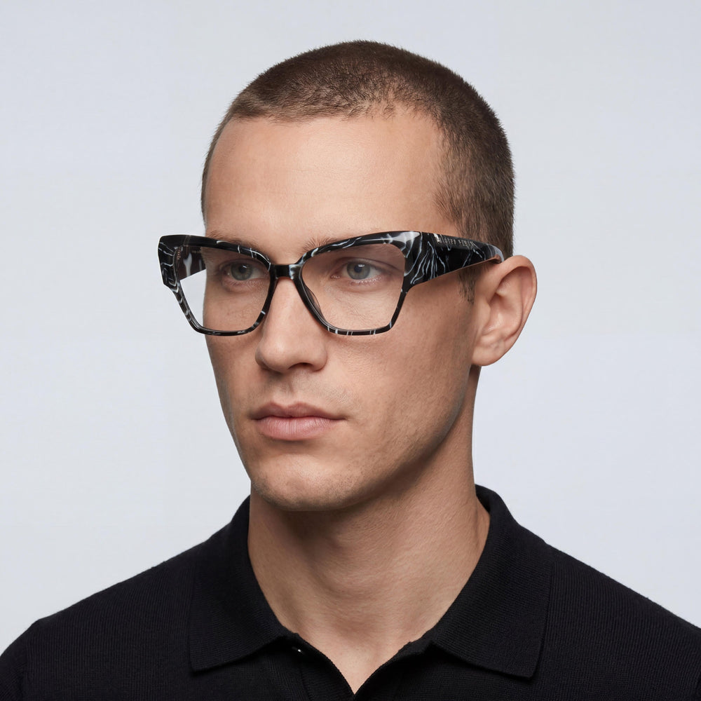 Philipp Plein Marbled Black Cat Eye Eyeglasses for Men, Acetate 55mm