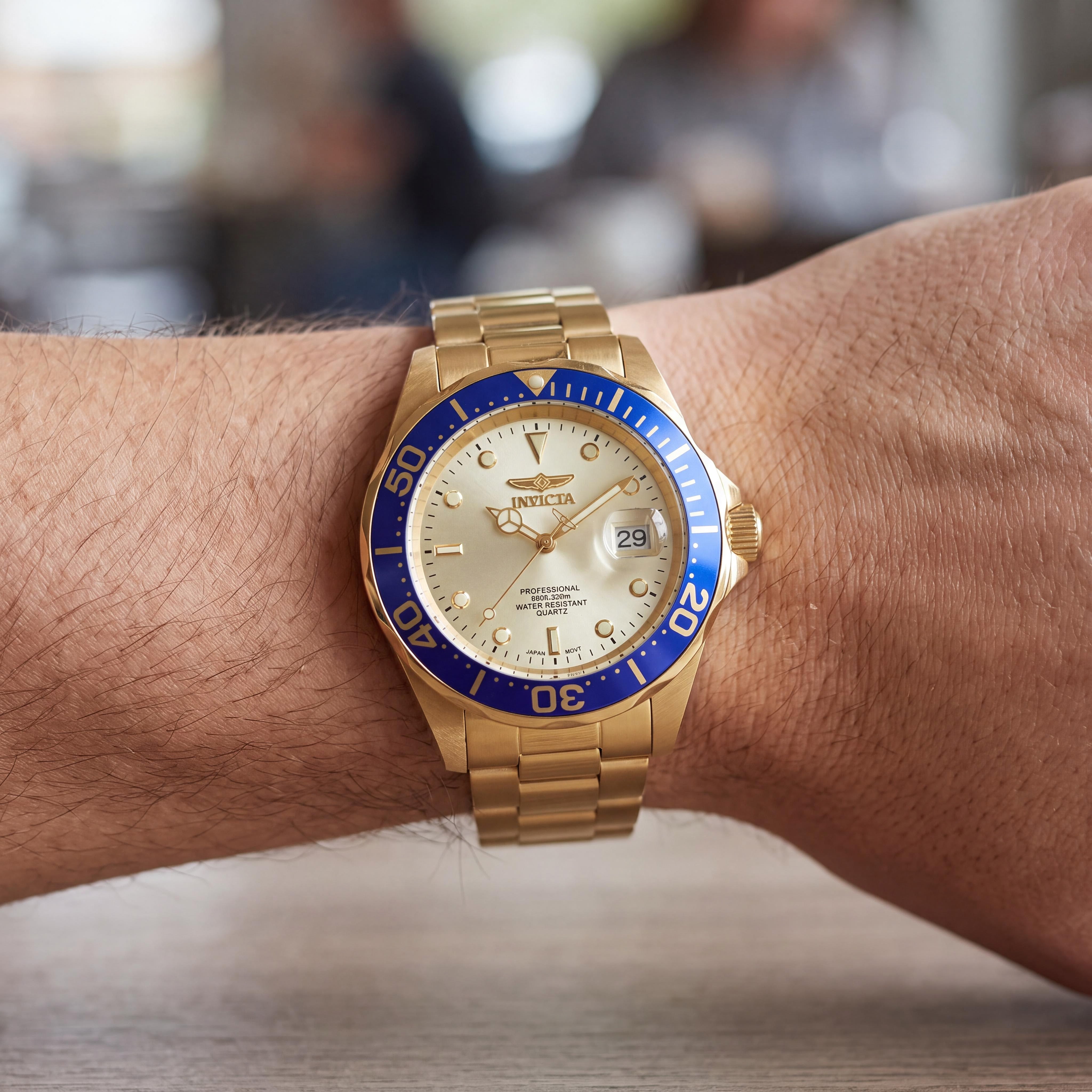 Invicta Bracelet Men's 40mm Gold Tone Blue Bezel Stainless Steel Luminous Dive Watch, 200M WR, Photo 3