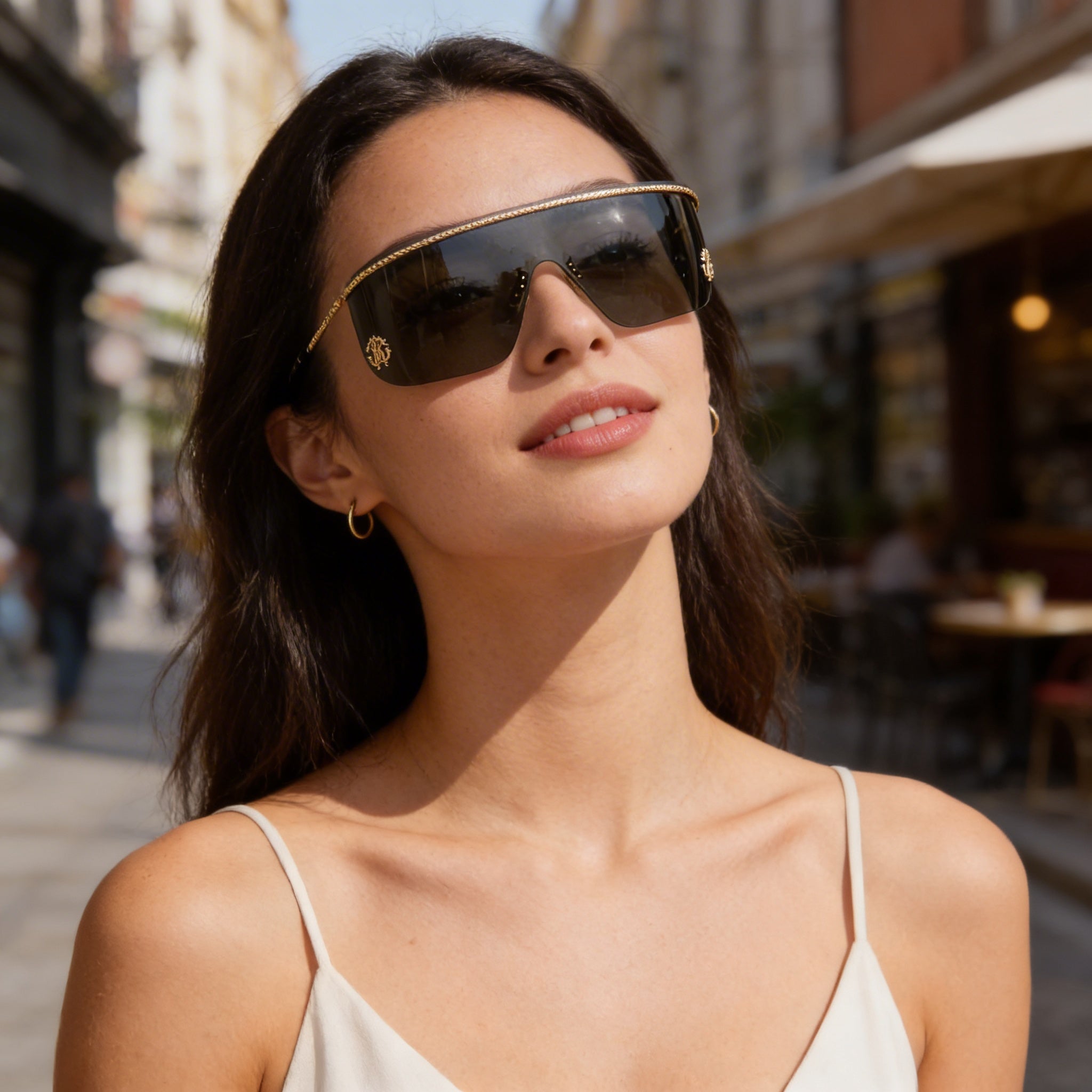 Roberto Cavalli SRC012M Gafas de sol modernas para mujer con montura de metal brillante oro rosado, lentes de policarbonato y protección UV de 99mm, Photo 5